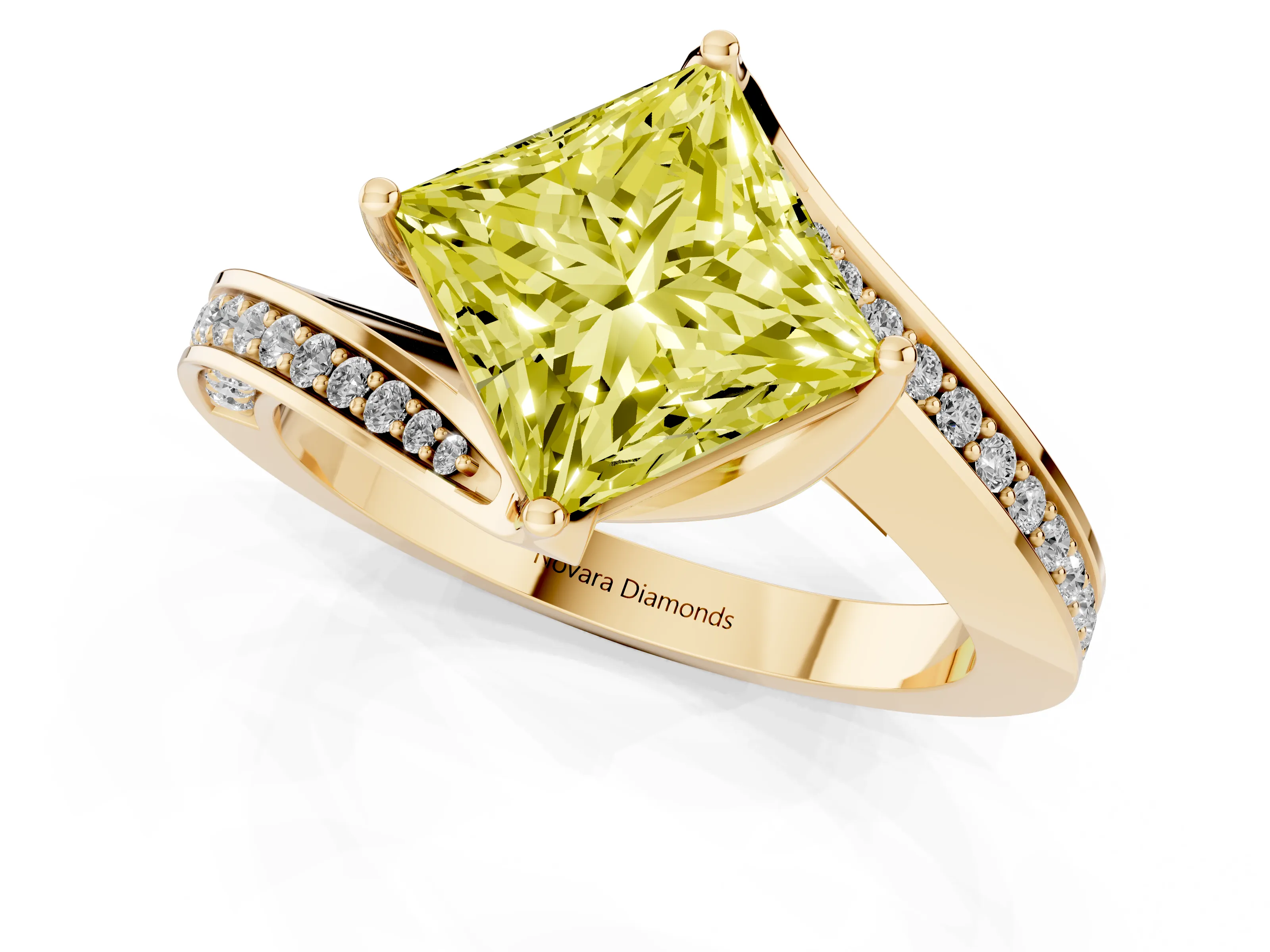 Fancy Yellow Princess Cut Diamond Solitaire Ring Set in Yellow gold with Intertwined Pavé Twist Band