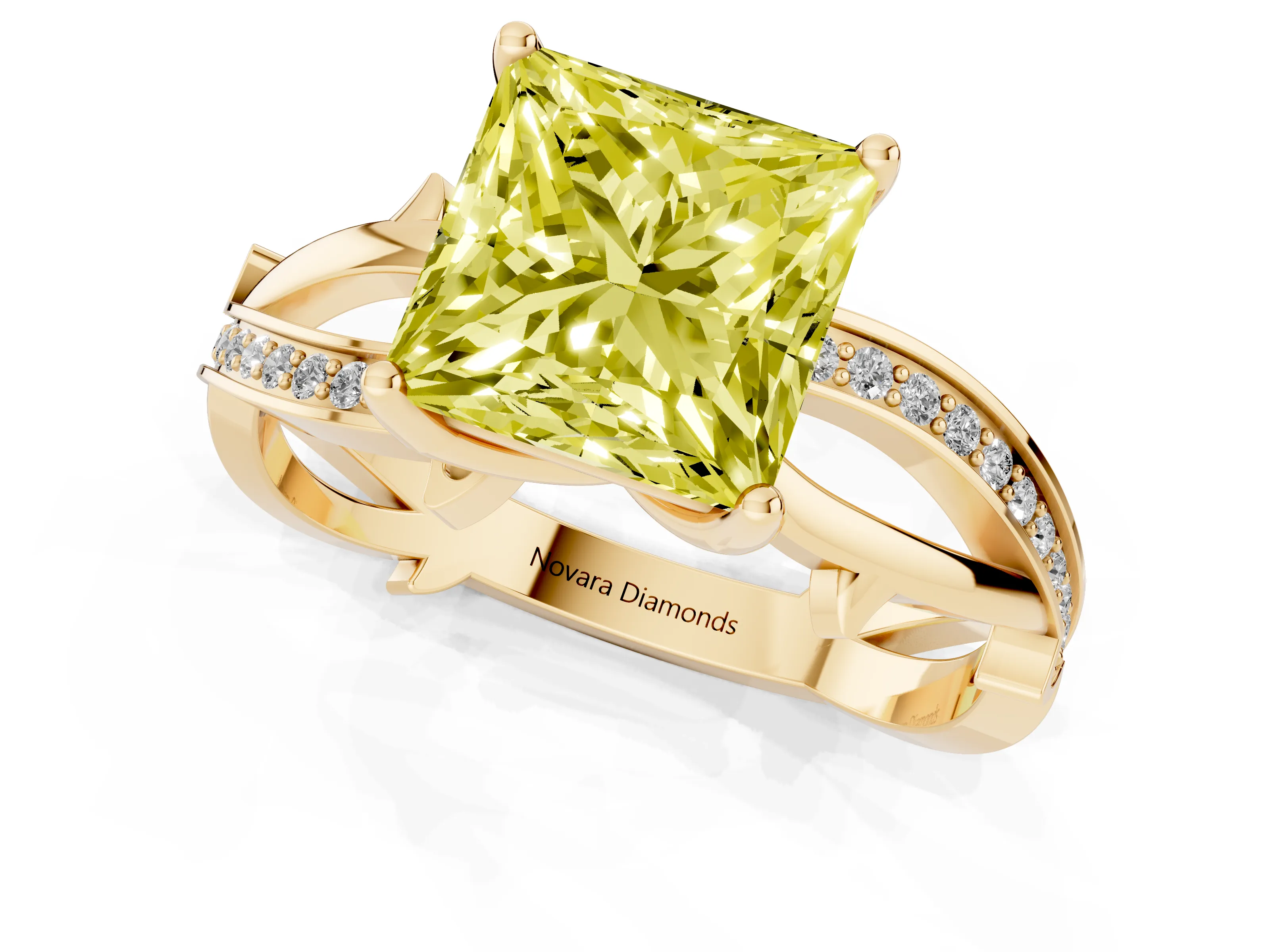 Fancy Yellow Princess Cut Diamond Pavé Twist Band Solitaire Ring Set in Yellow gold with Prong Setting