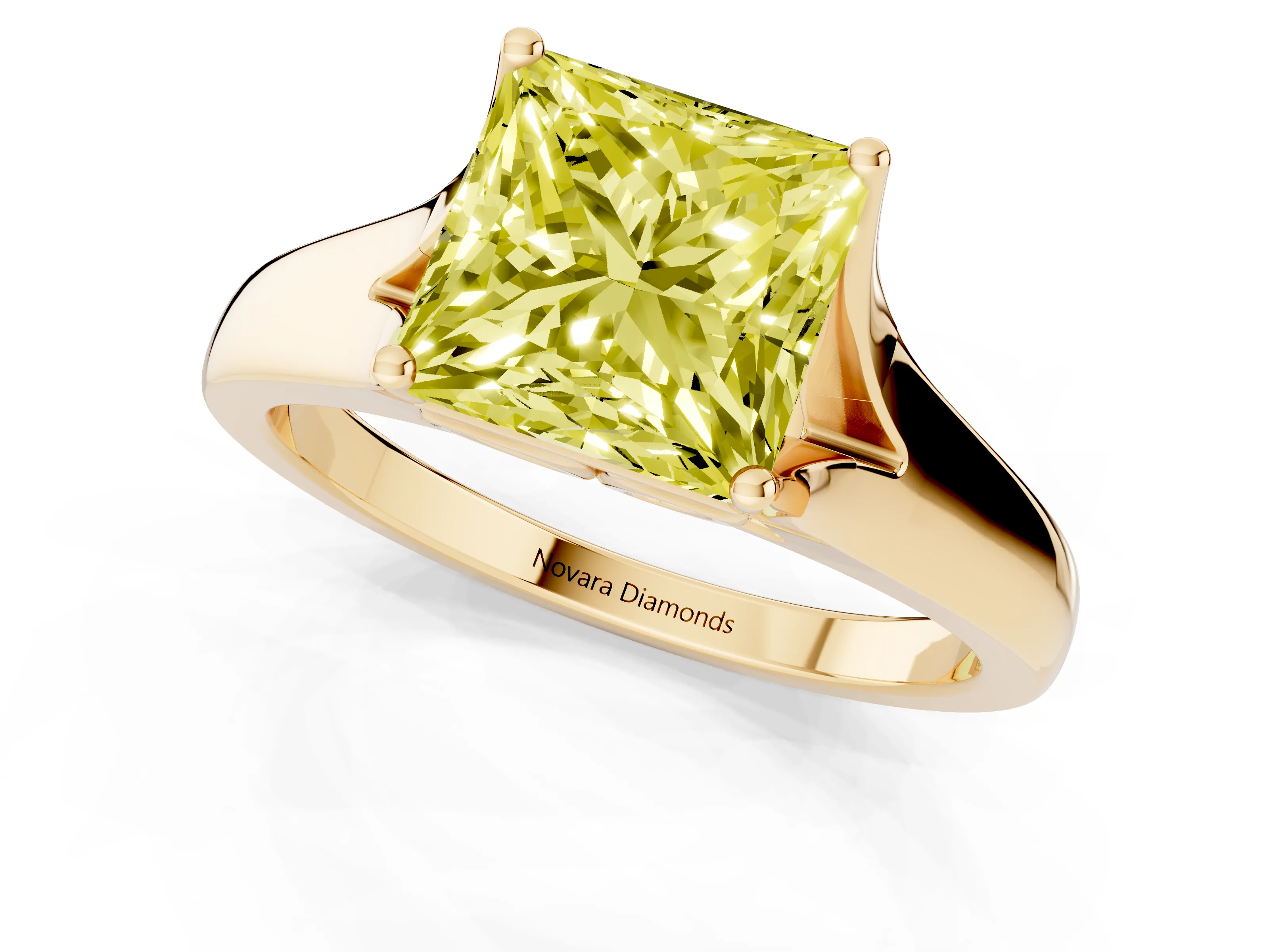 Fancy Yellow Princess Cut Diamond Solitaire Ring Set in Yellow gold with Arched Cathedral Band and Prong Setting