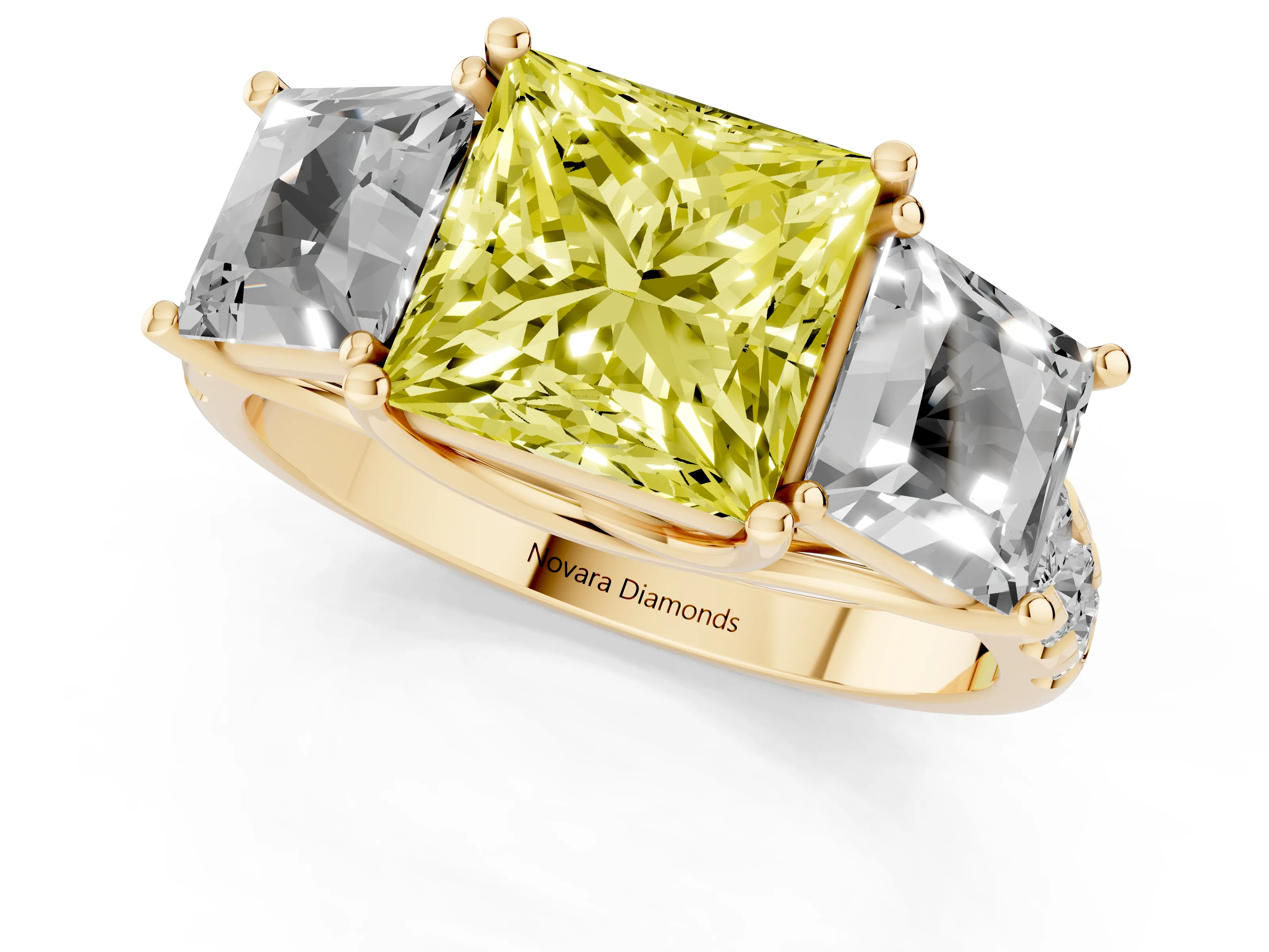 Fancy Yellow Princess Cut Diamond Three-Stone Ring Set in Yellow gold with Pavé Band