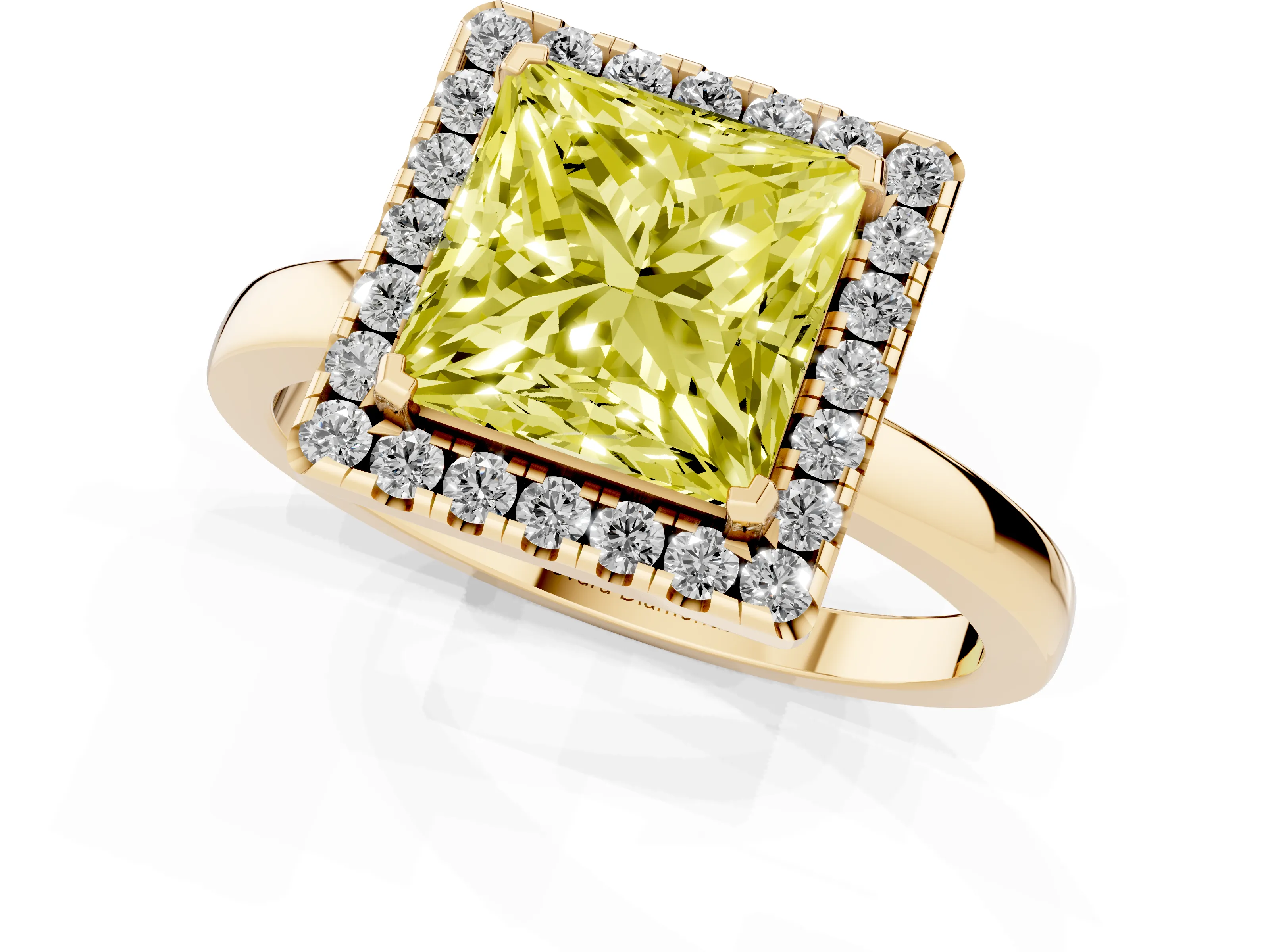 Fancy Yellow Princess Cut Diamond Halo Solitaire Ring Set in Yellow gold with Pavé Band and Prong Setting