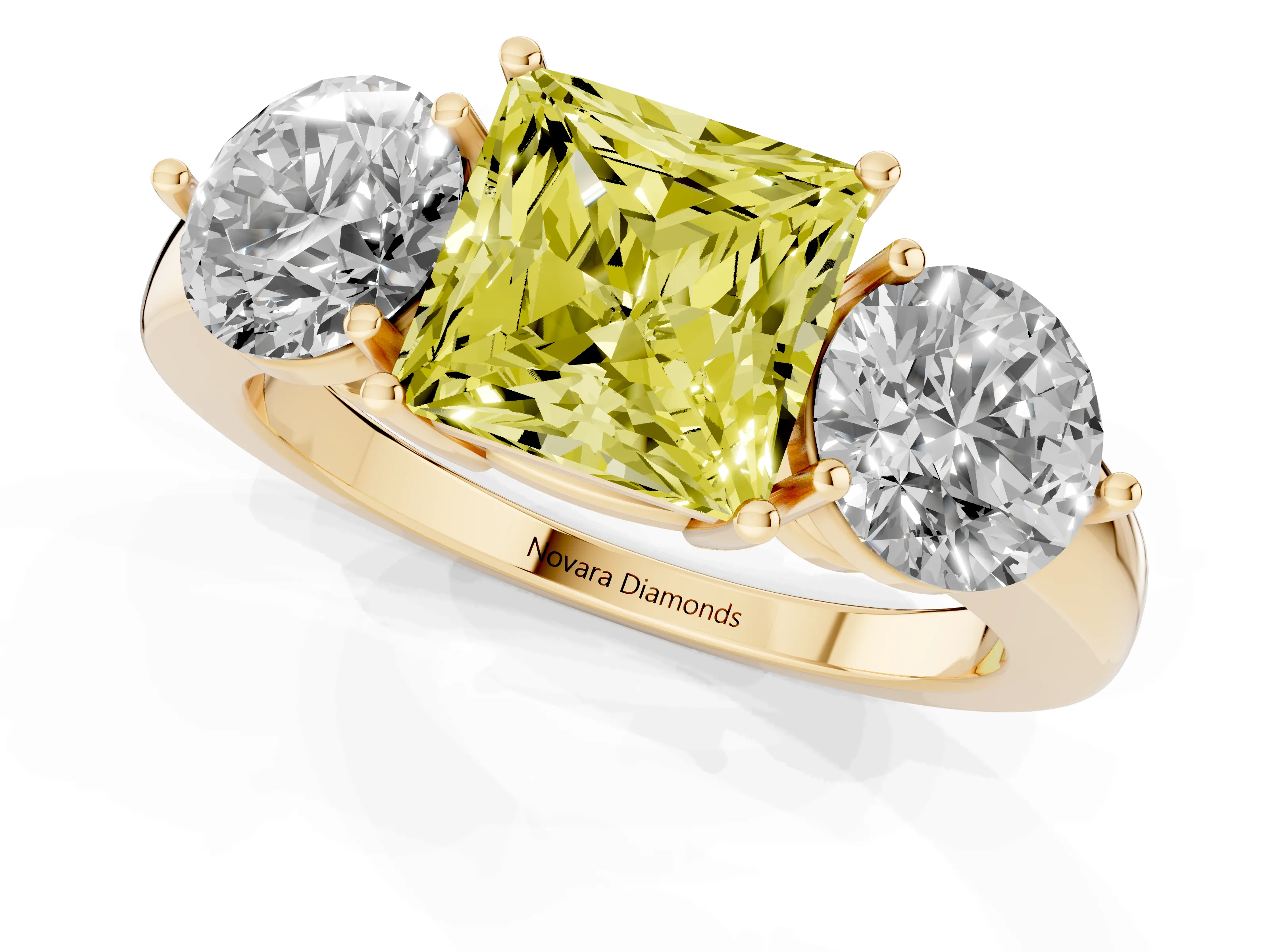 Fancy Yellow Princess Cut Diamond Three-Stone Ring Set in Yellow gold with Prong Setting and Plain Band