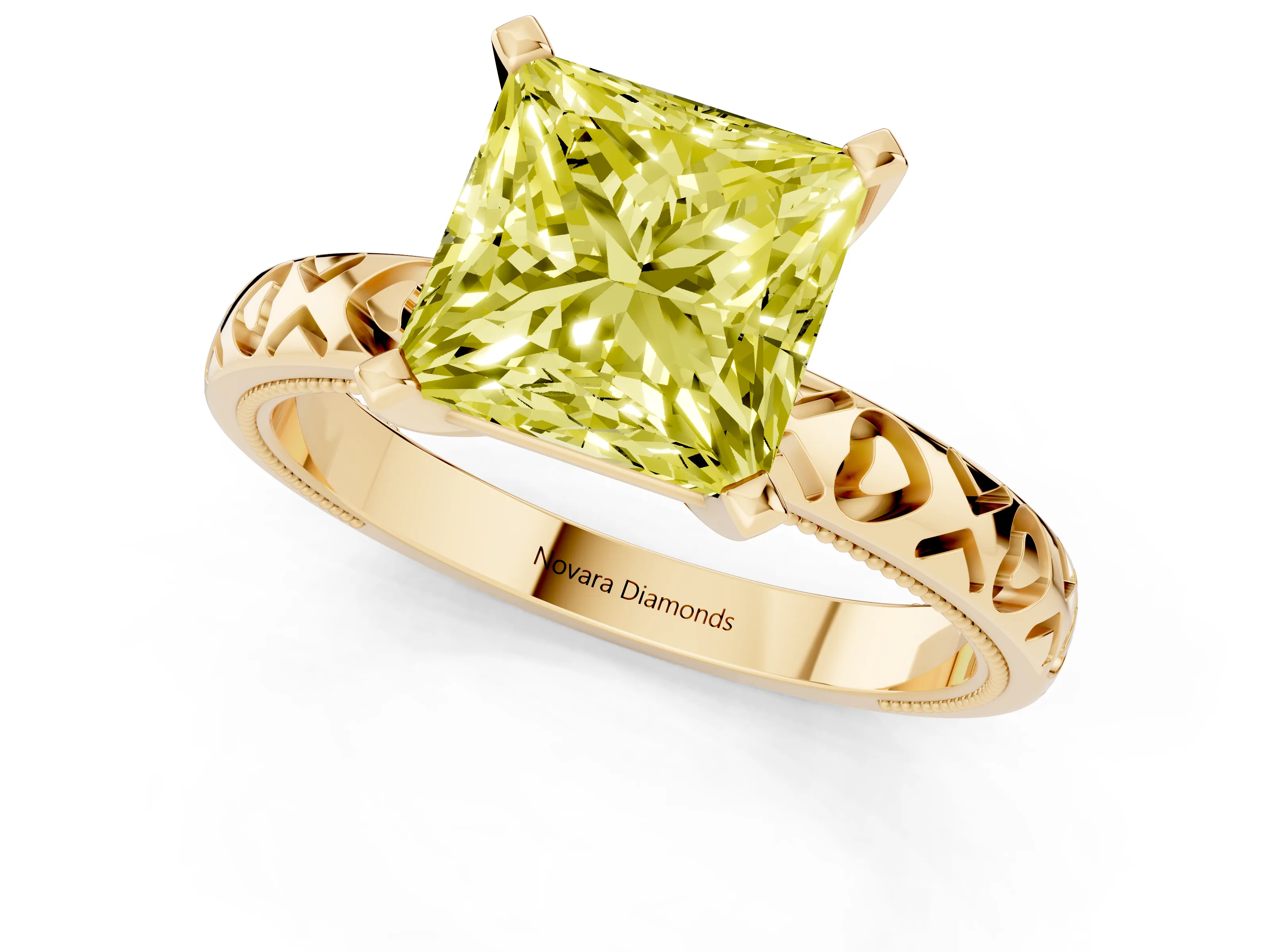 Fancy Yellow Princess Cut Diamond Solitaire Engagement Ring Set in Yellow gold with XO Engraved Band and Prong Setting