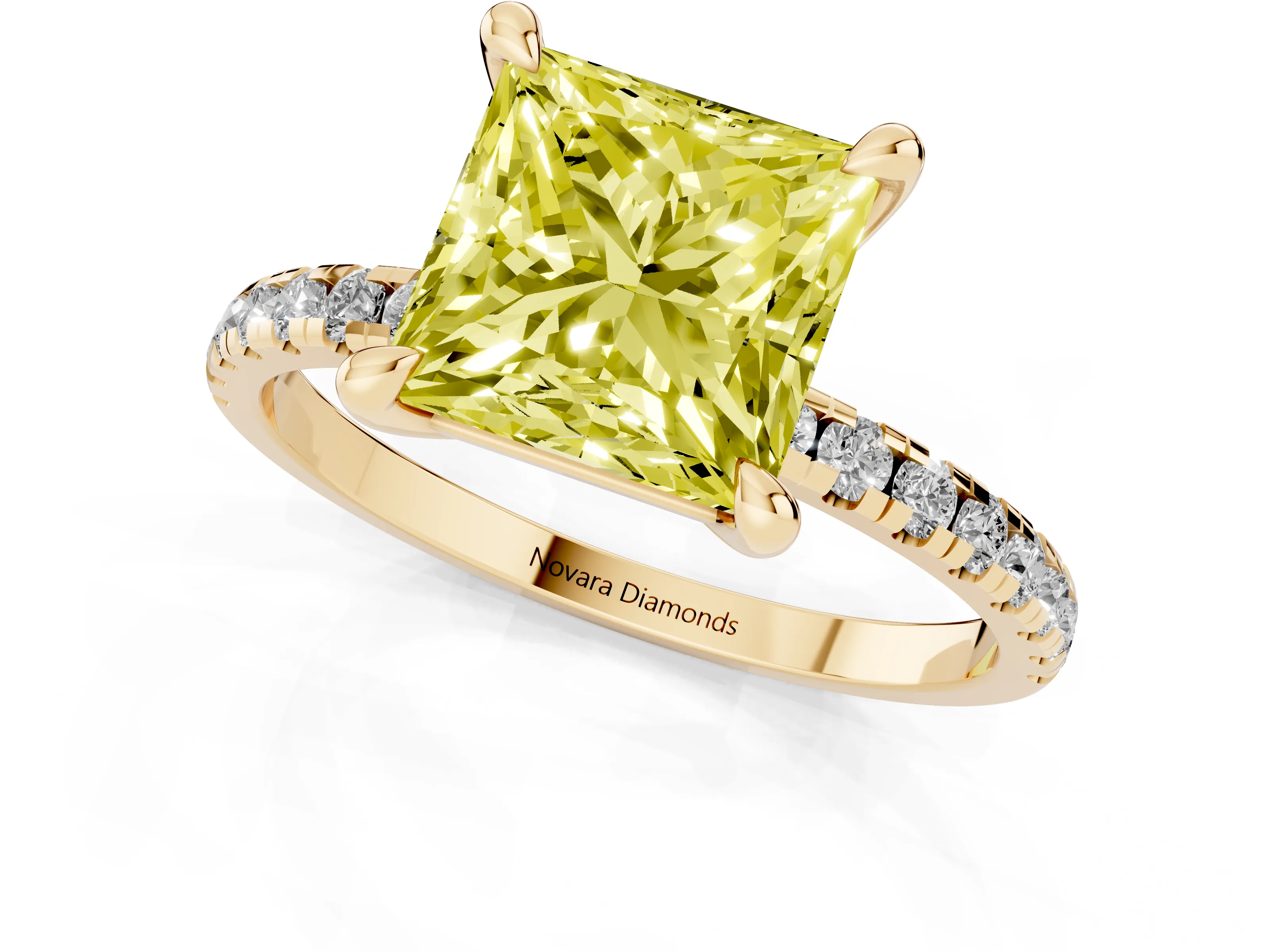 Fancy Yellow Princess Cut Diamond Brilliant Solitaire Ring Set in Yellow gold with Pavé Band and Prong Setting
