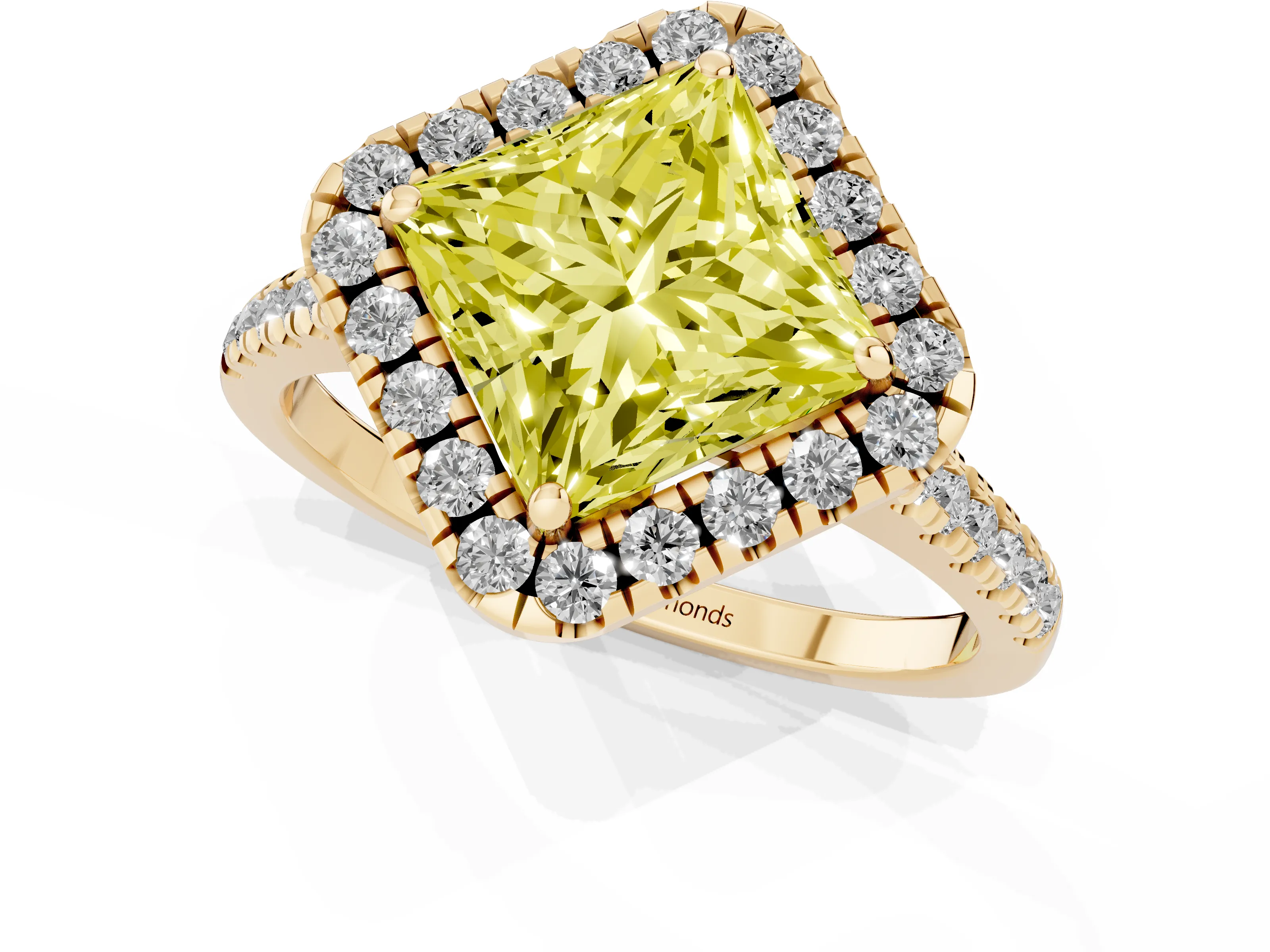 Fancy Yellow Princess Cut Diamond Cushion Halo Ring Set in Yellow gold with Pavé Band