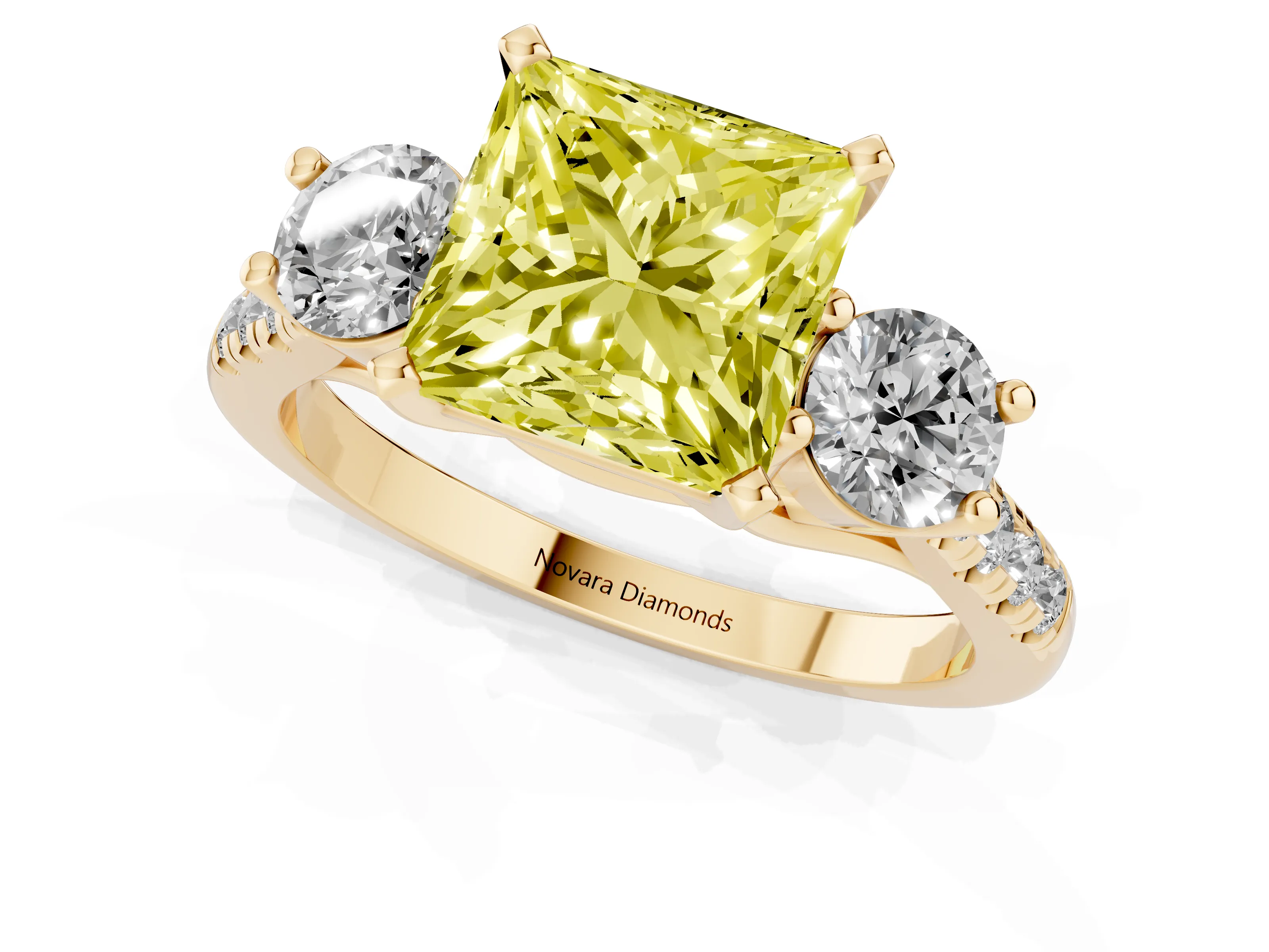 Fancy Yellow Three-Stone Princess Cut Diamond Pavé Band Ring Set in Yellow gold with Prong-Set Trio