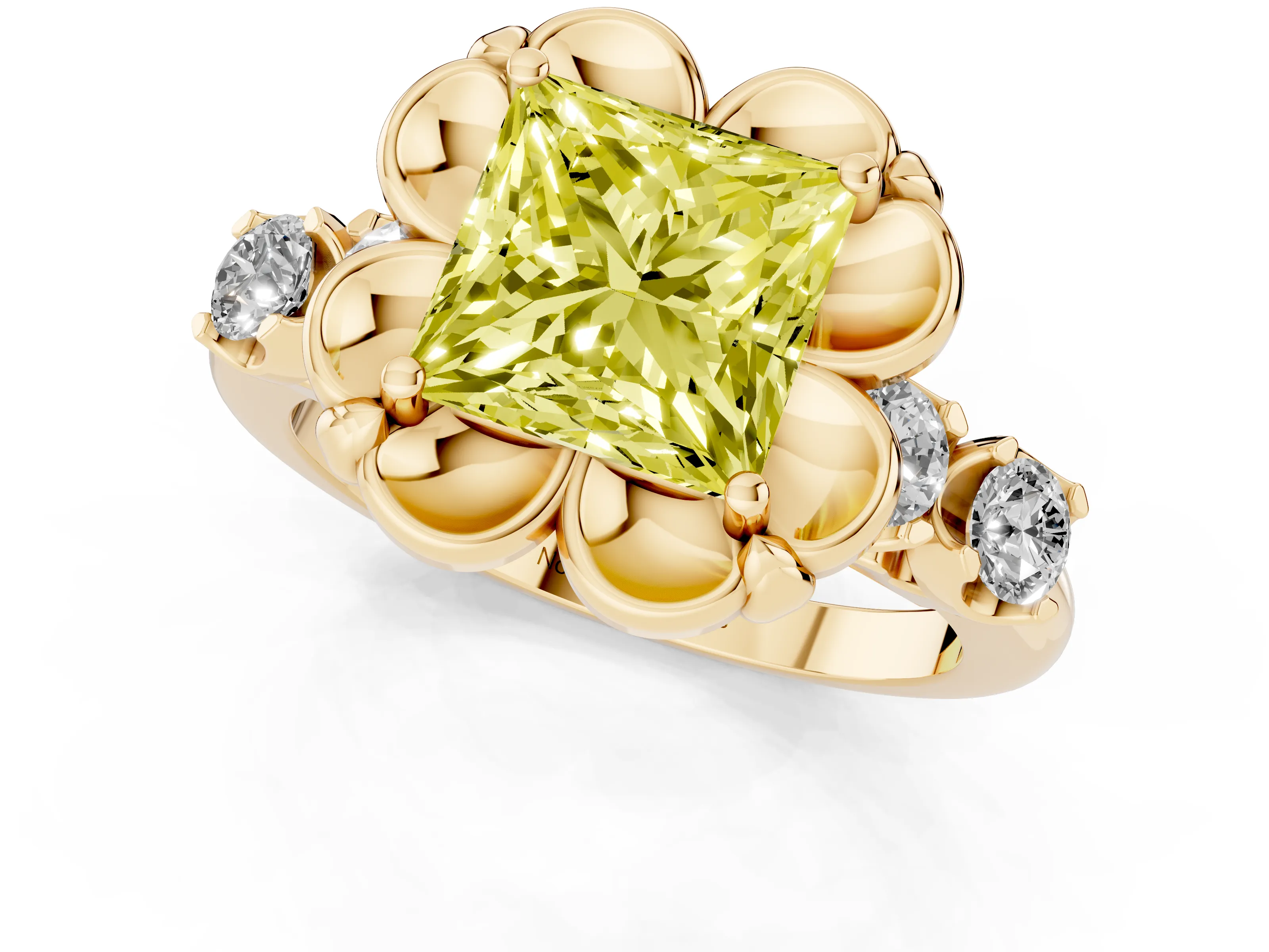 Fancy Yellow Princess Cut Diamond Floral Halo Ring Set in Yellow gold with Shared Prong Band