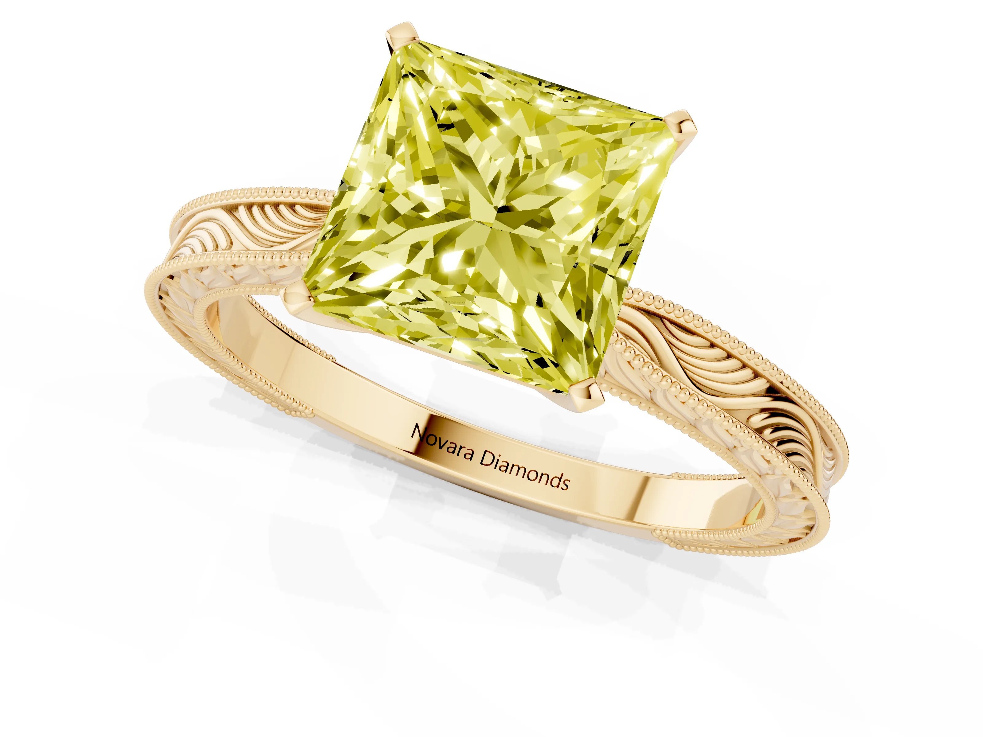 Fancy Yellow Princess Cut Diamond Solitaire Milgrain Engraved Band Set in Yellow gold with Prong Setting