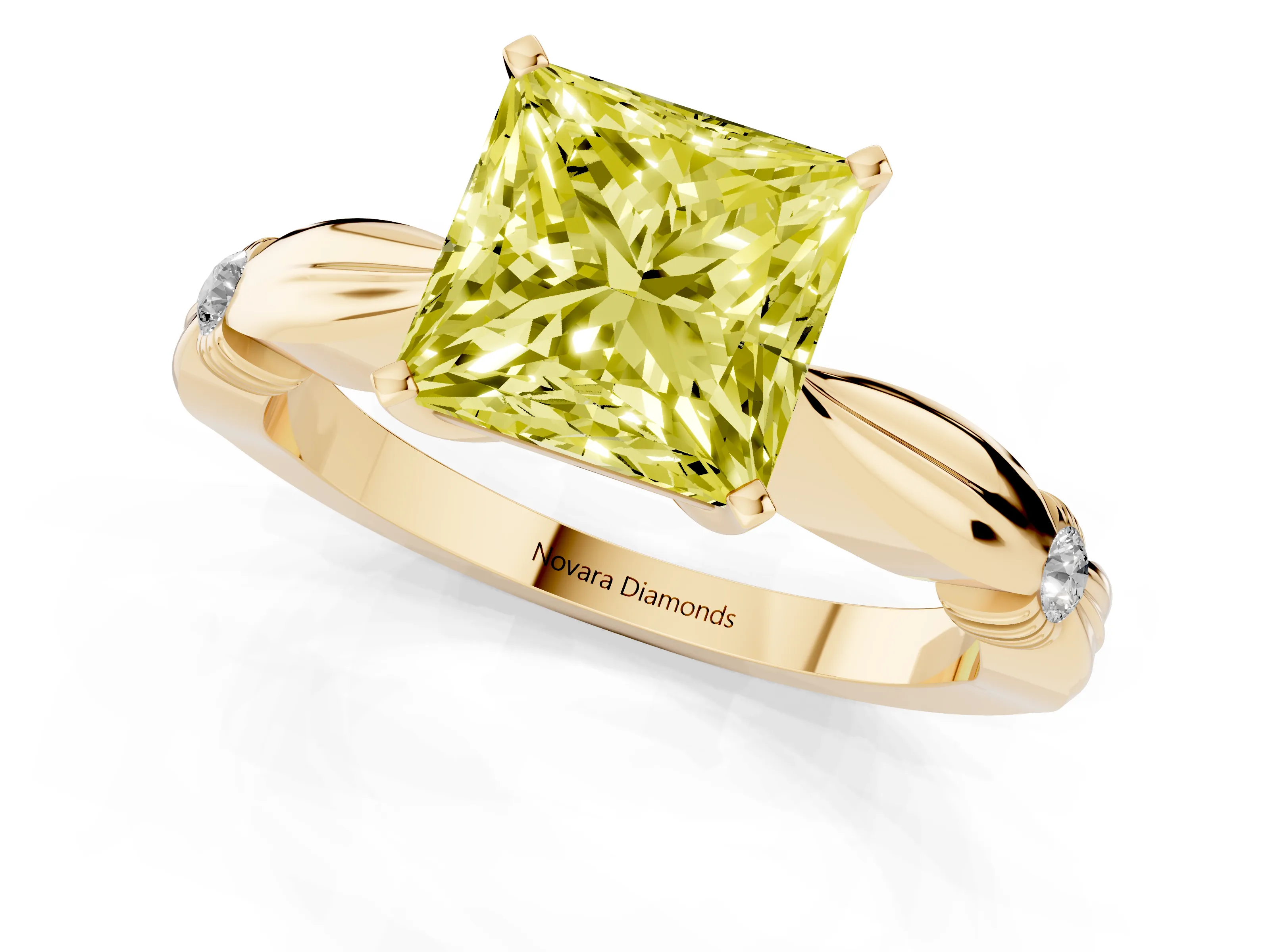 Fancy Yellow Princess Cut Diamond Solitaire Twisted Band Ring Set in Yellow gold with Accent Stones and Prong Setting – second view