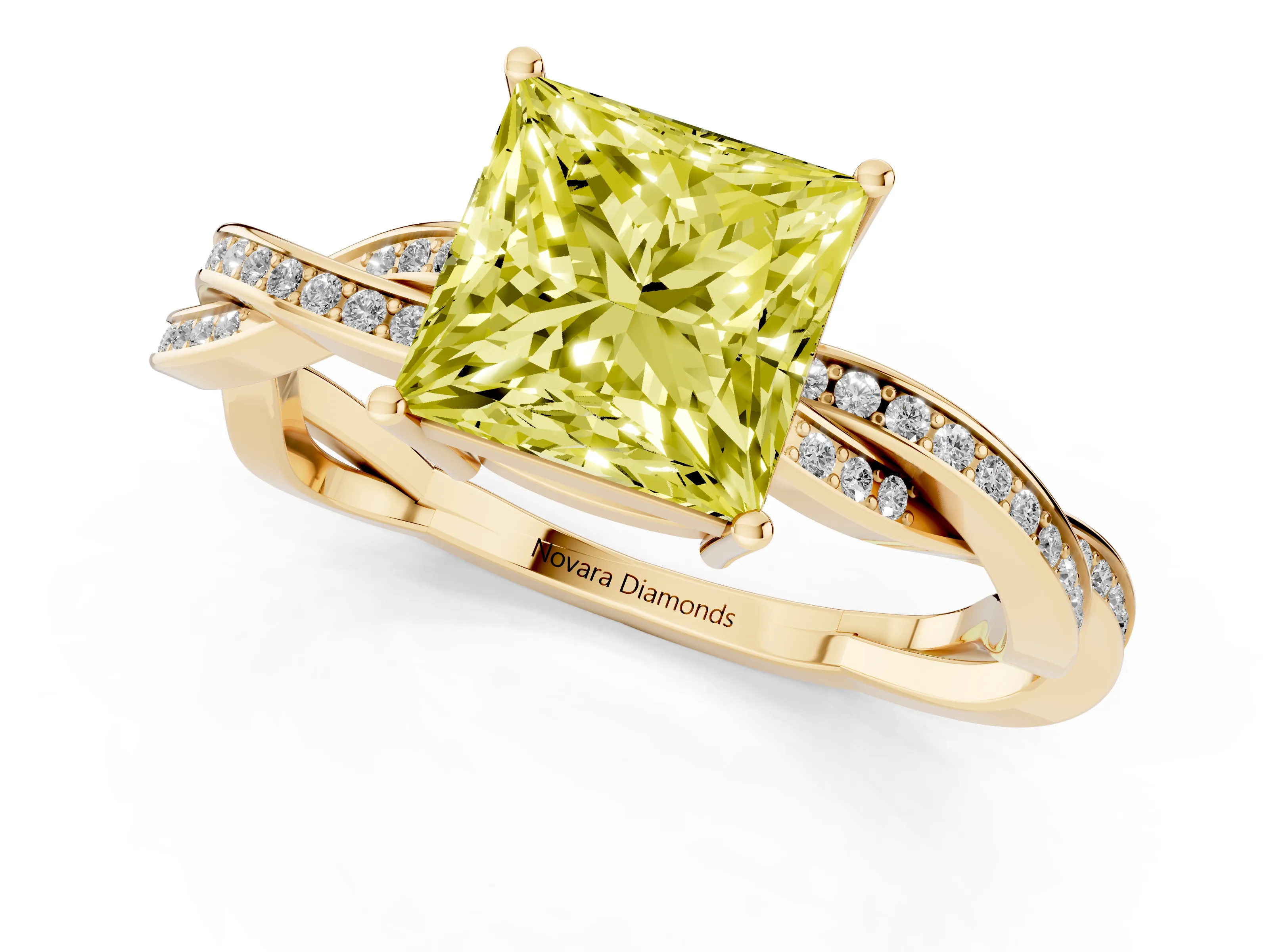 Fancy Yellow Princess Cut Diamond Solitaire Twisted Pavé Ring Set in Yellow gold with Prong Setting