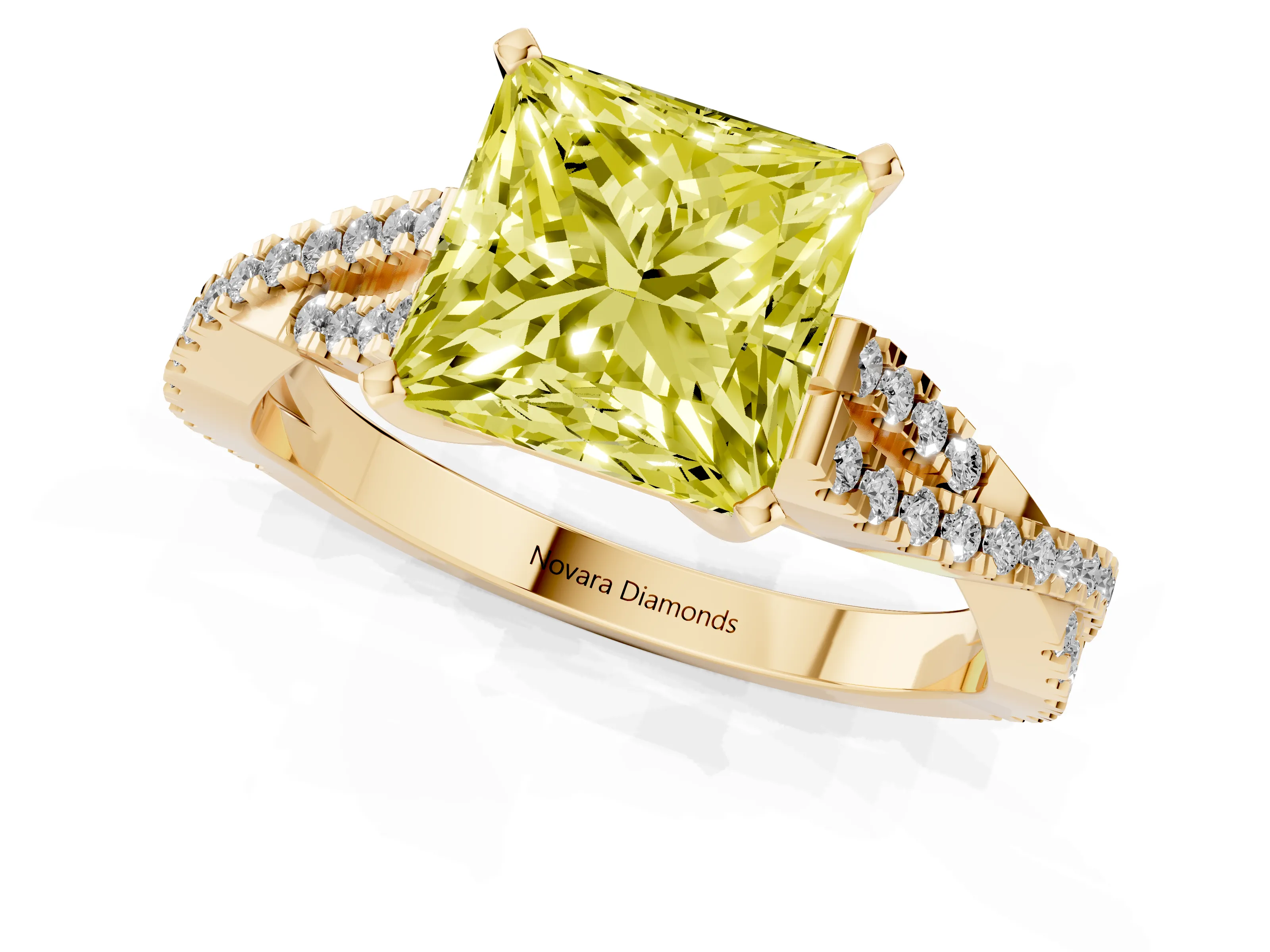 Fancy Yellow Princess Cut Diamond Solitaire Engagement Ring Set in Yellow gold with Twisted Pavé Band and Prong Setting