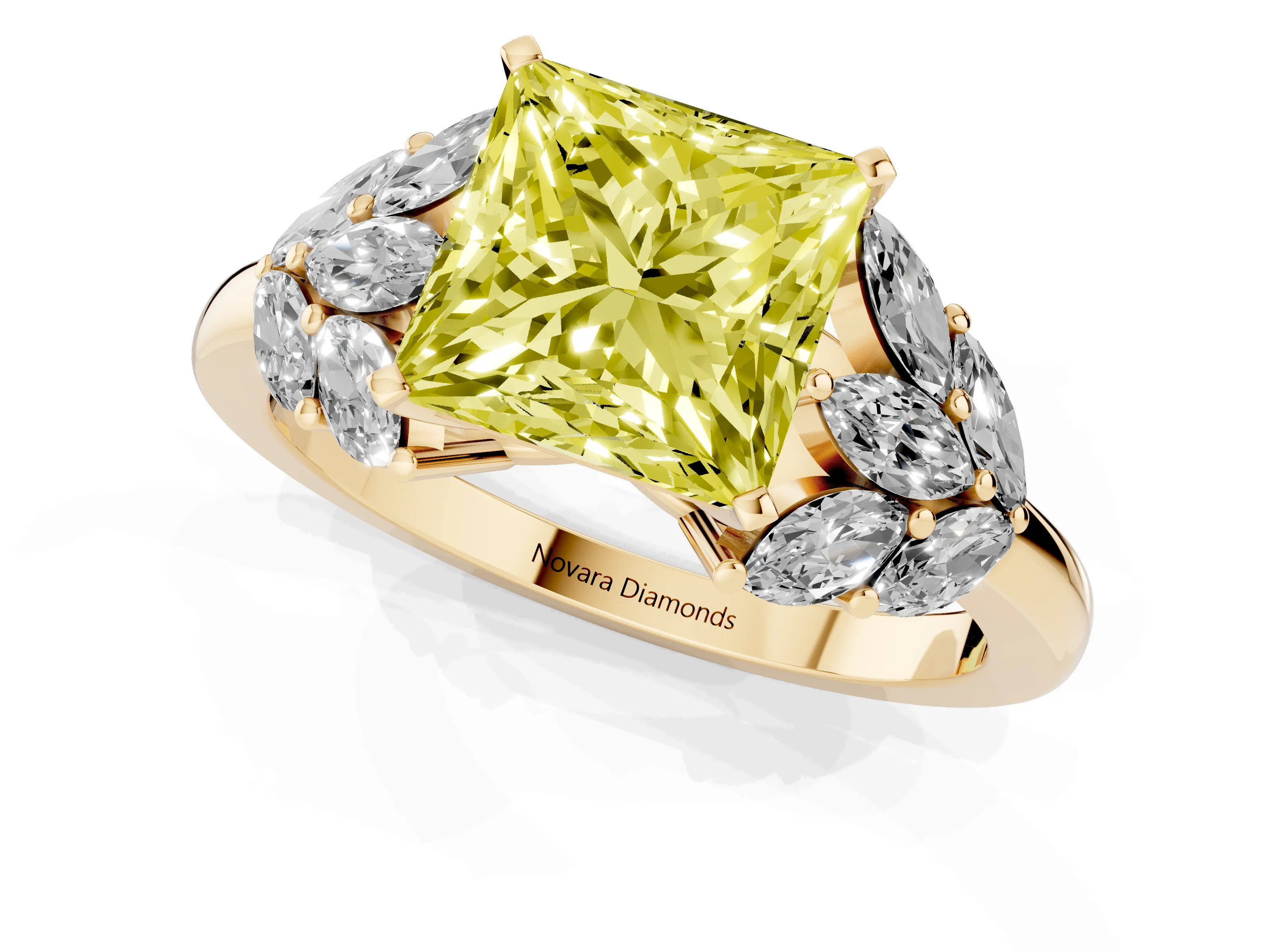 Fancy Yellow Princess Cut Diamond Cluster Leaf Design Ring Set in Yellow gold with Prong Setting