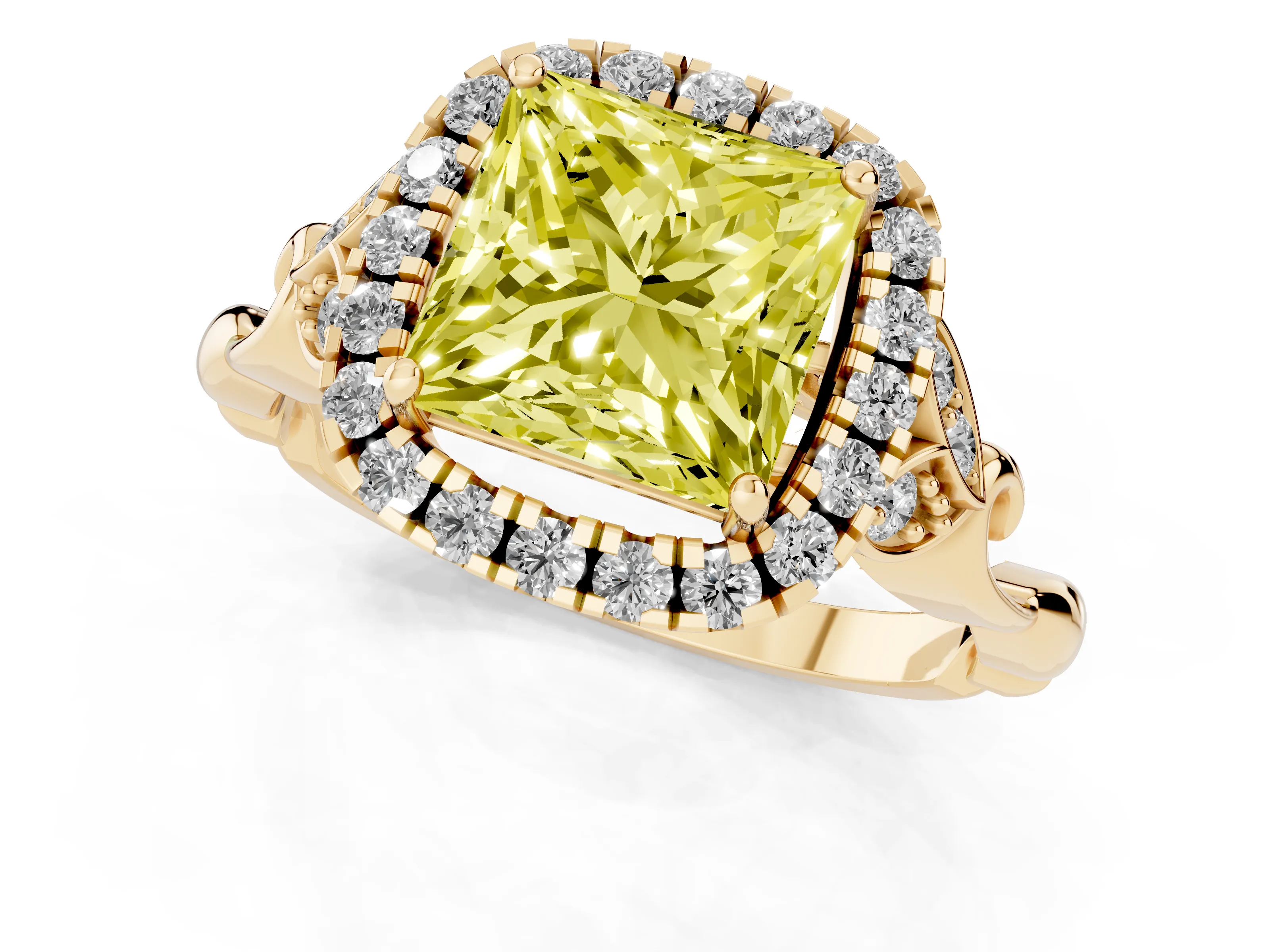 Fancy Yellow Princess Cut Diamond Halo Engagement Ring Set in Yellow gold with Vintage-Inspired Band and Prong Setting