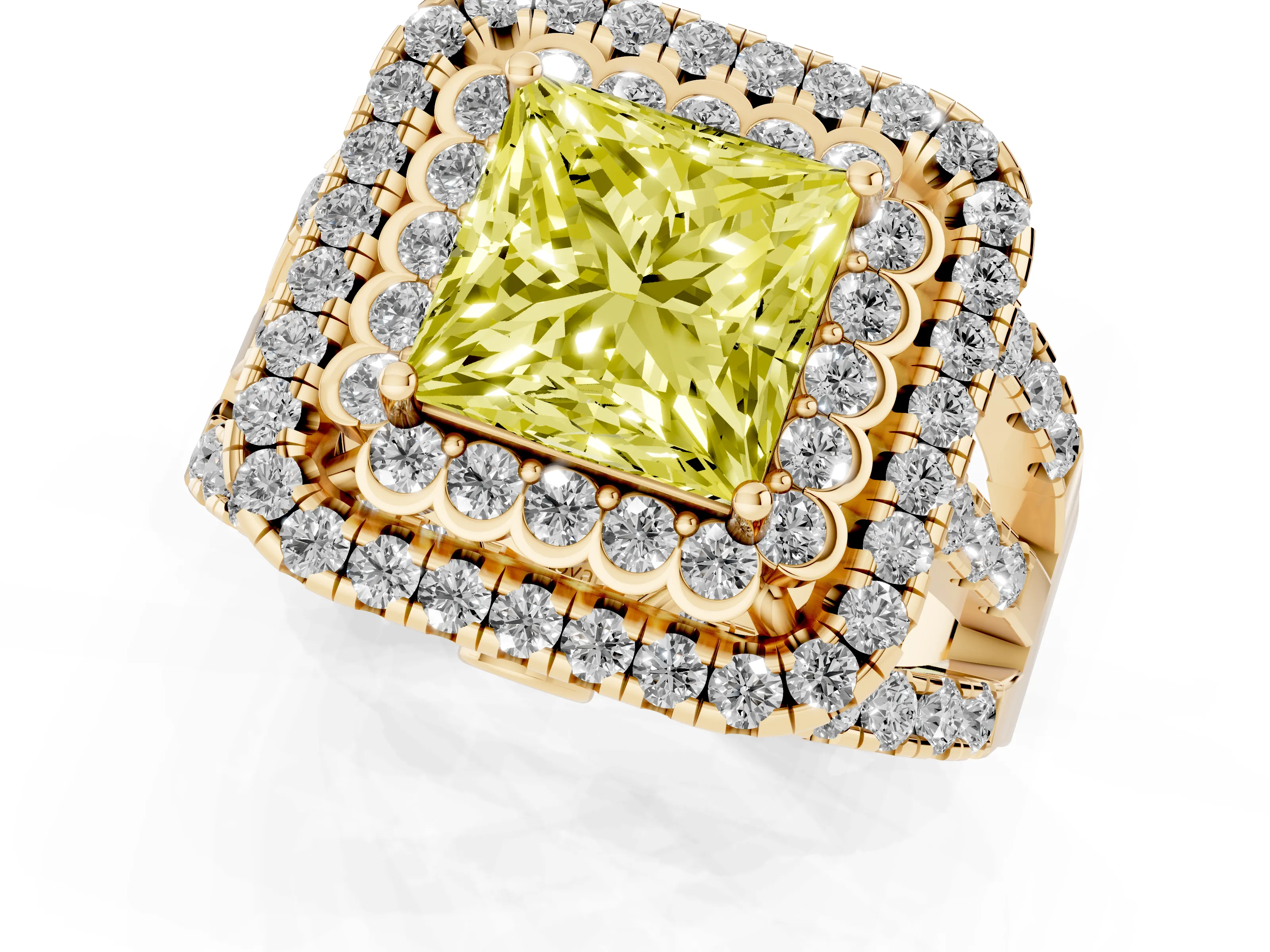 Fancy Yellow Princess Cut Diamond Double Halo Ring Set in Yellow gold with Round Pavé Split Shank