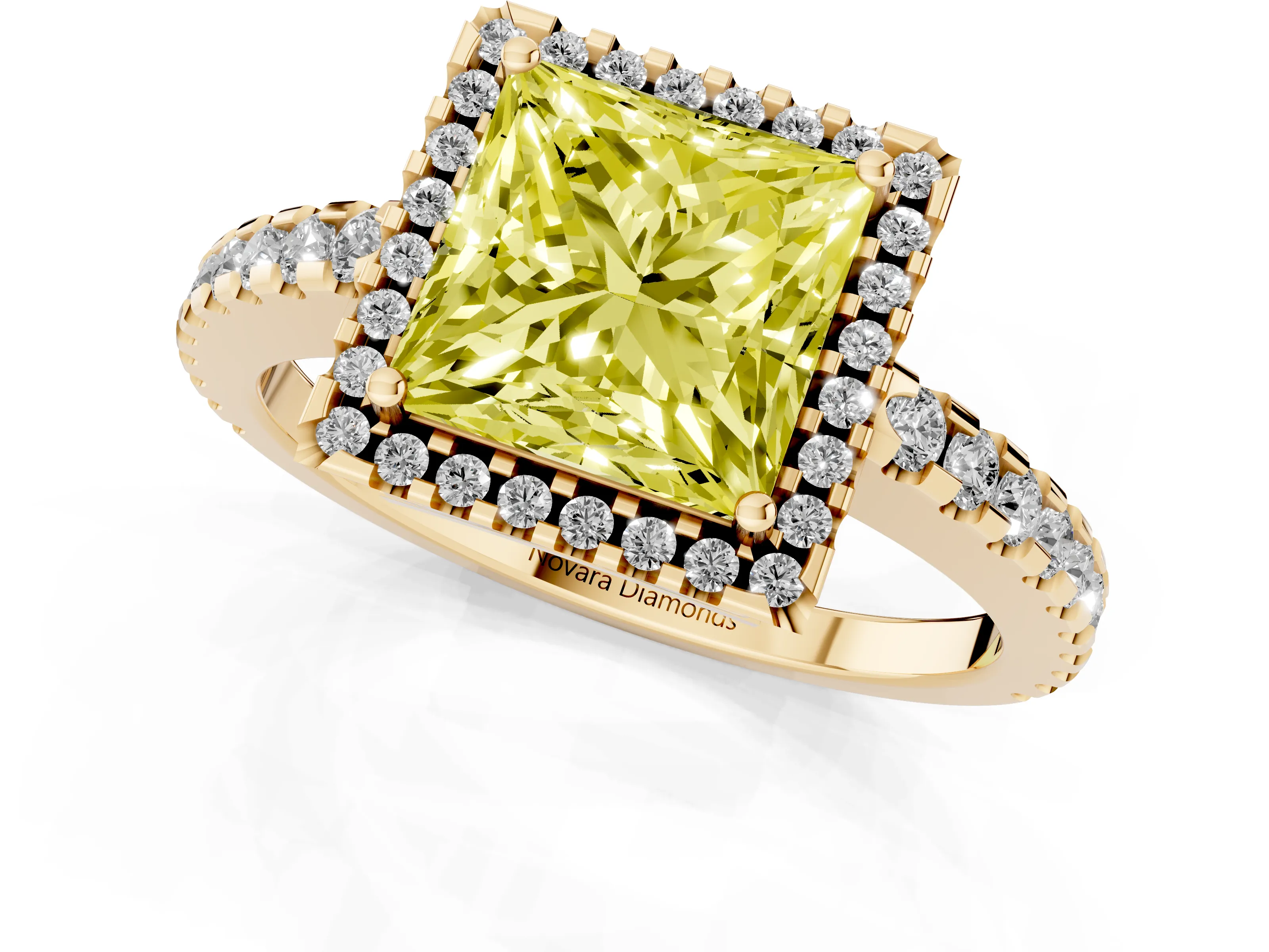 Fancy Yellow Princess Cut Diamond Halo Ring Set in Yellow gold with Pavé Shoulders and Halo-Framed Center