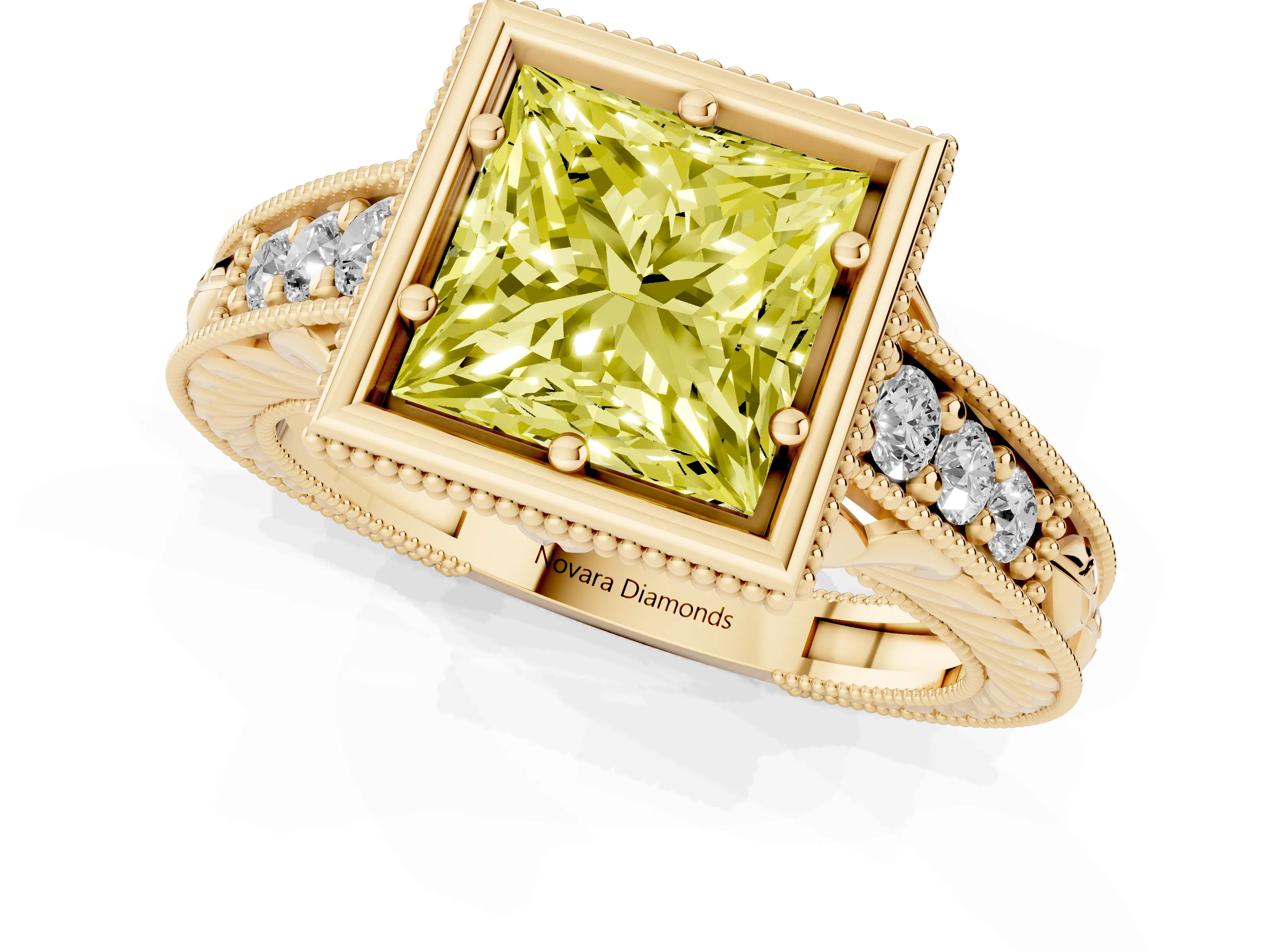 Fancy Yellow Bezel Set Princess Cut Diamond Milgrain Pavé Engagement Ring Set in Yellow gold