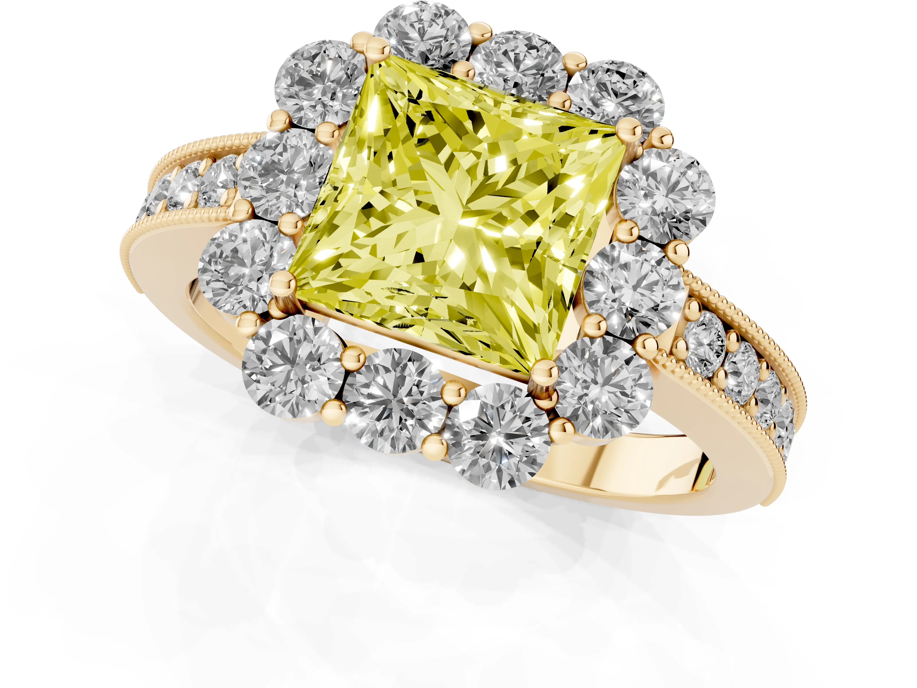 Fancy Yellow Princess Cut Diamond Halo Pavé Engagement Ring Set in Yellow gold with Milgrain Detailing