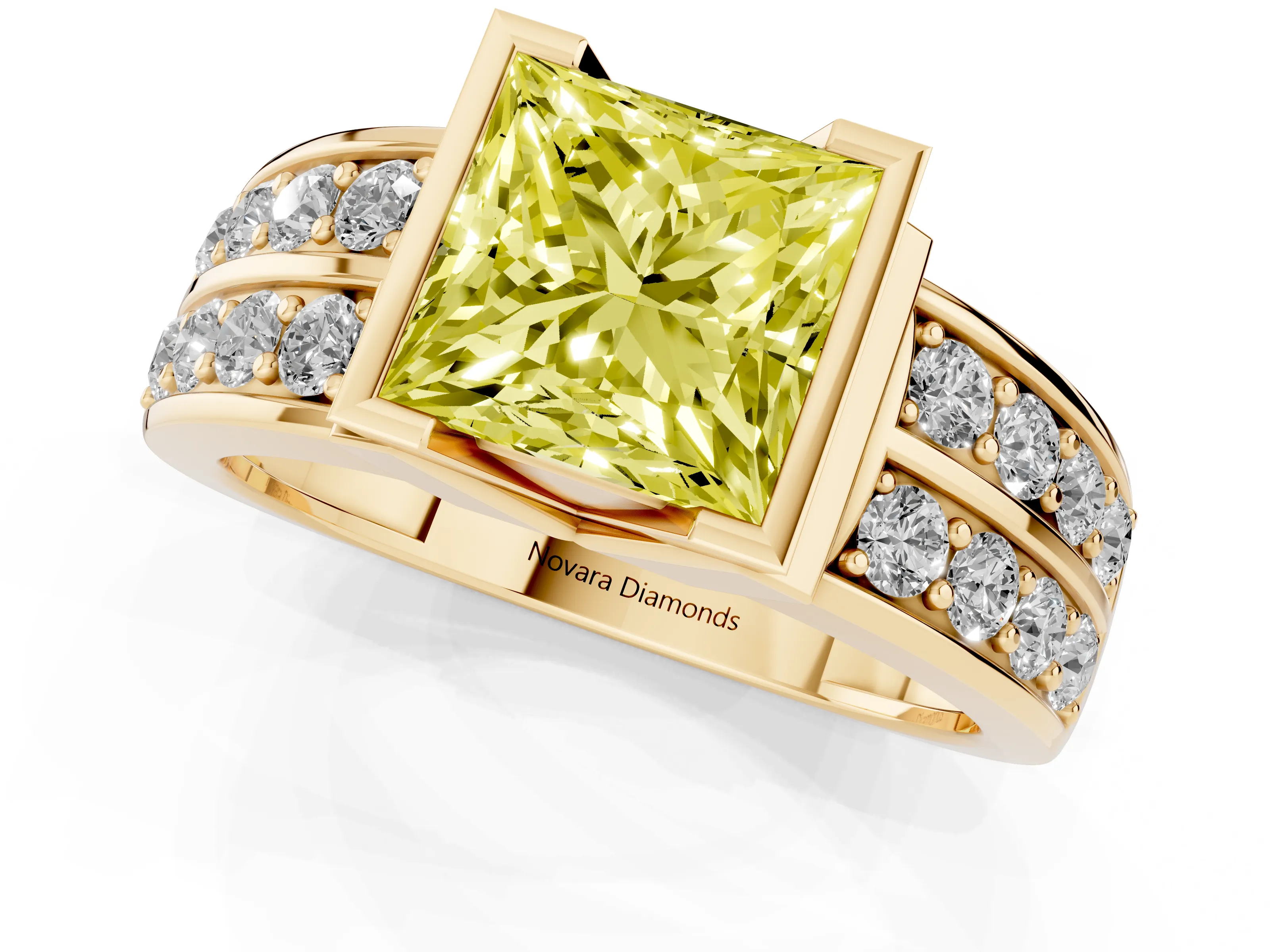 Fancy Yellow Princess Cut Diamond Wide Channel Set Band Ring Set in Yellow gold with Bezel Setting