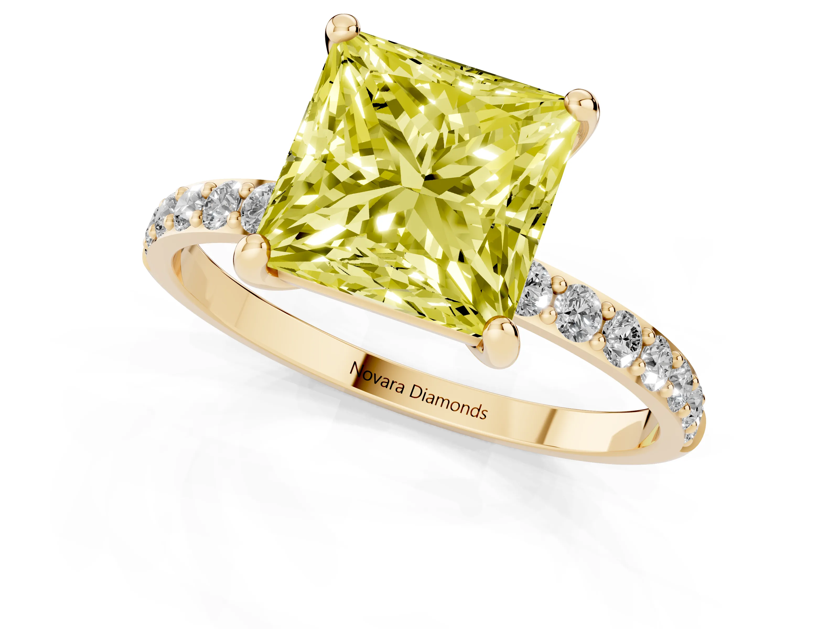 Fancy Yellow Princess Cut Diamond Solitaire Ring Set in Yellow gold with Round Pavé Band and Prong Setting