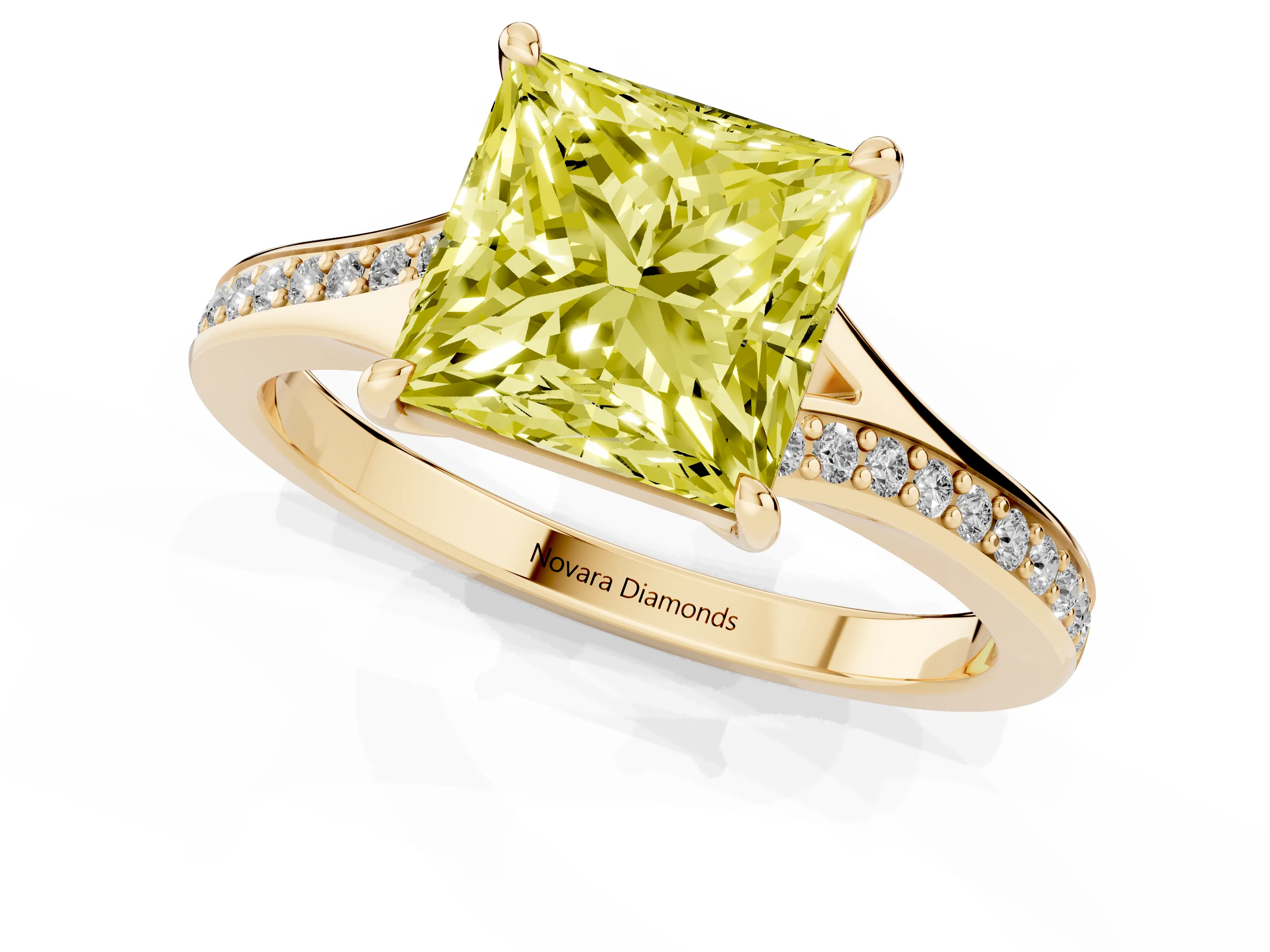 Fancy Yellow Princess Cut Diamond Solitaire Ring Set in Yellow gold with Pavé Accent Band and Classic Prong Setting