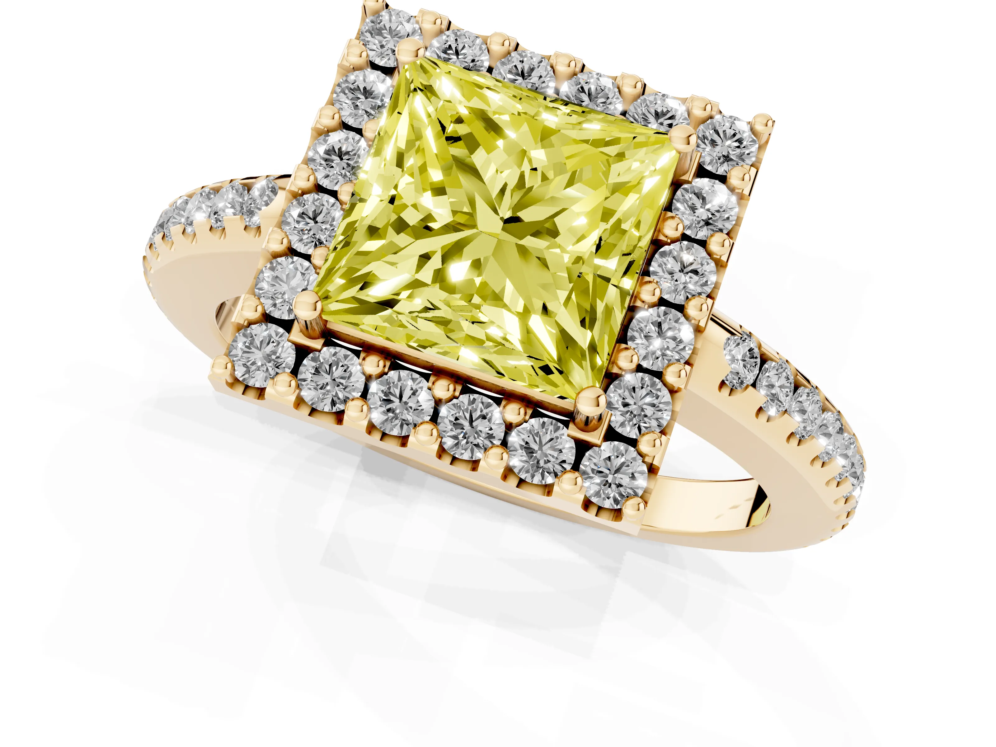 Fancy Yellow Princess Cut Diamond Pavé Halo Ring Set in Yellow gold with Prong Setting