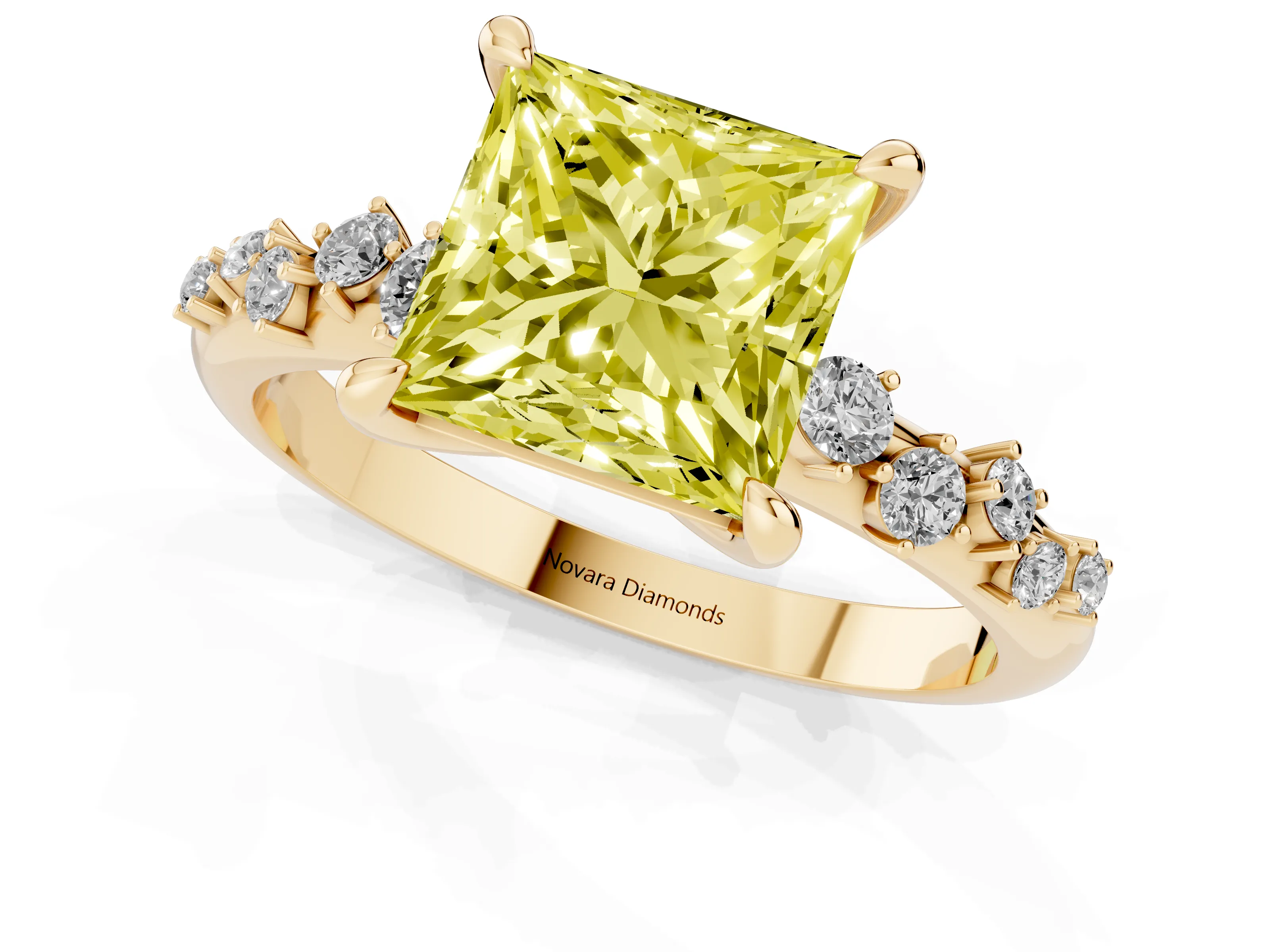 Fancy Yellow Princess Cut Diamond Solitaire Vine Band Ring Set in Yellow gold with Round Accents and Prong Setting – second view