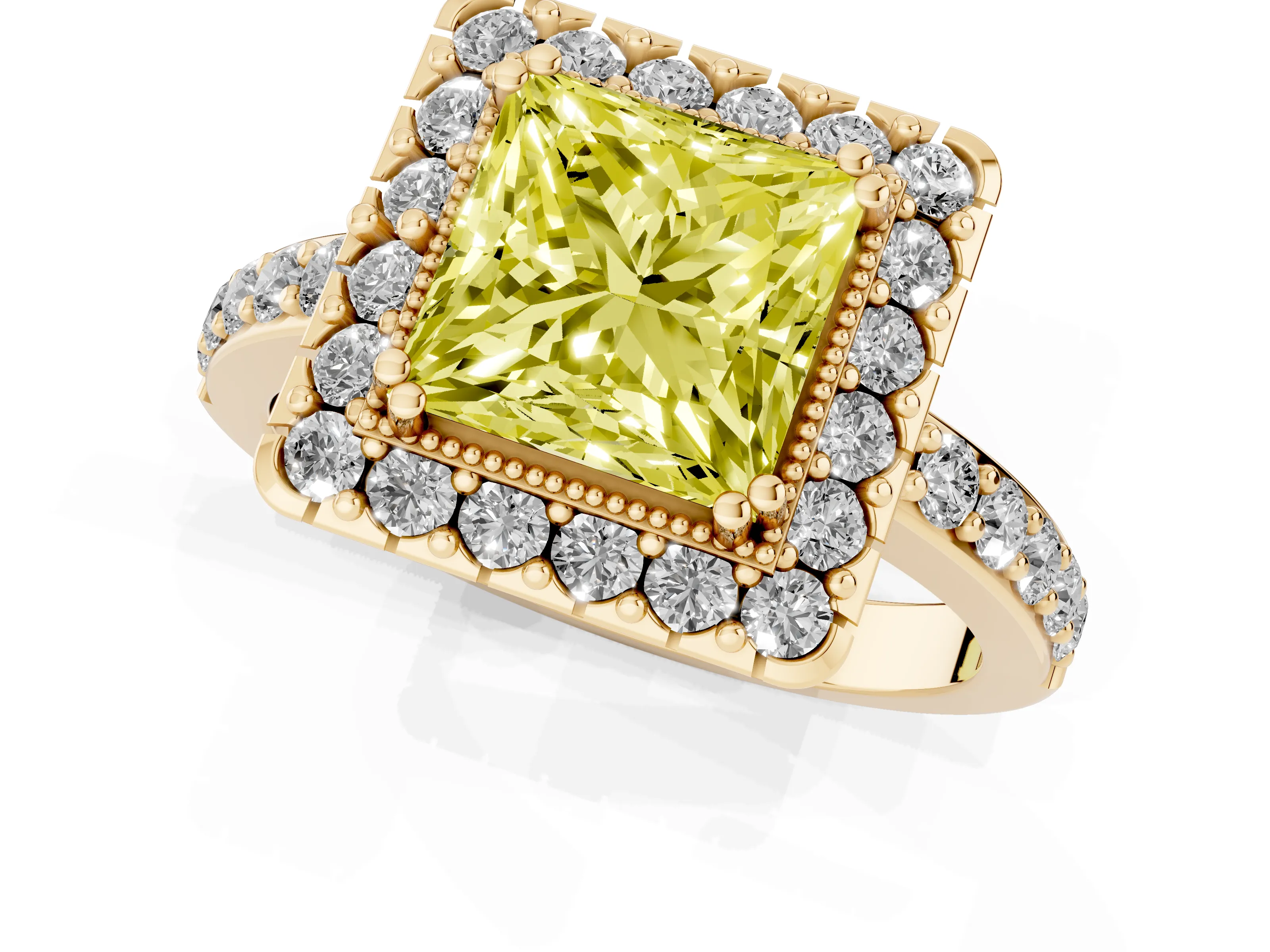 Fancy Yellow Princess Cut Diamond Halo Ring Set in Yellow gold with Pavé Shank and Prong Setting