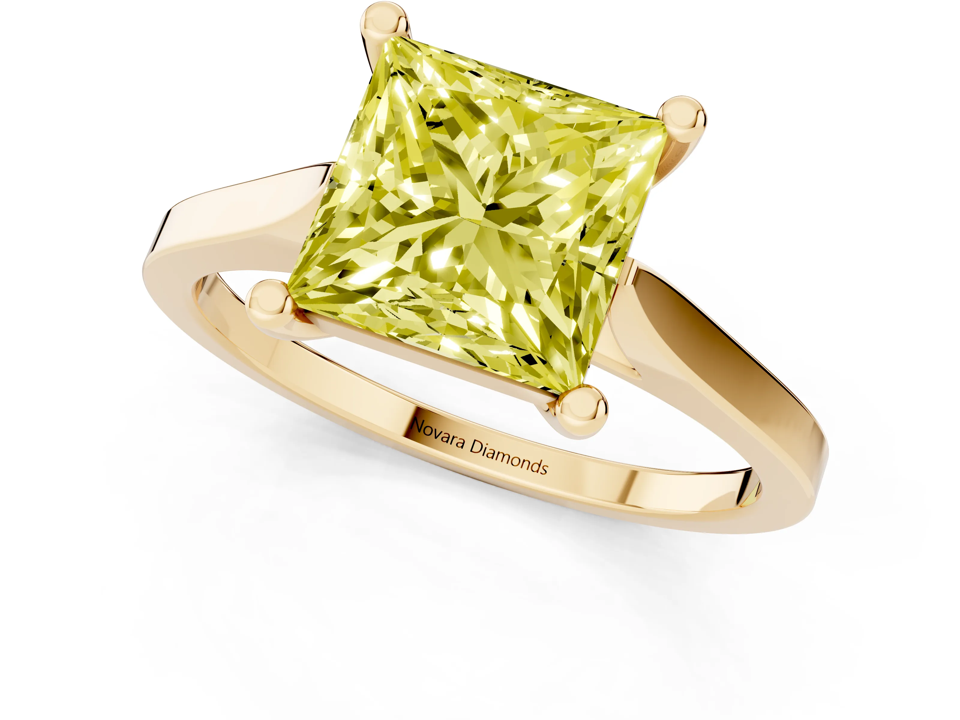Fancy Yellow Princess Cut Diamond Solitaire Ring Set in Yellow gold with Prong Setting and Tapered Band