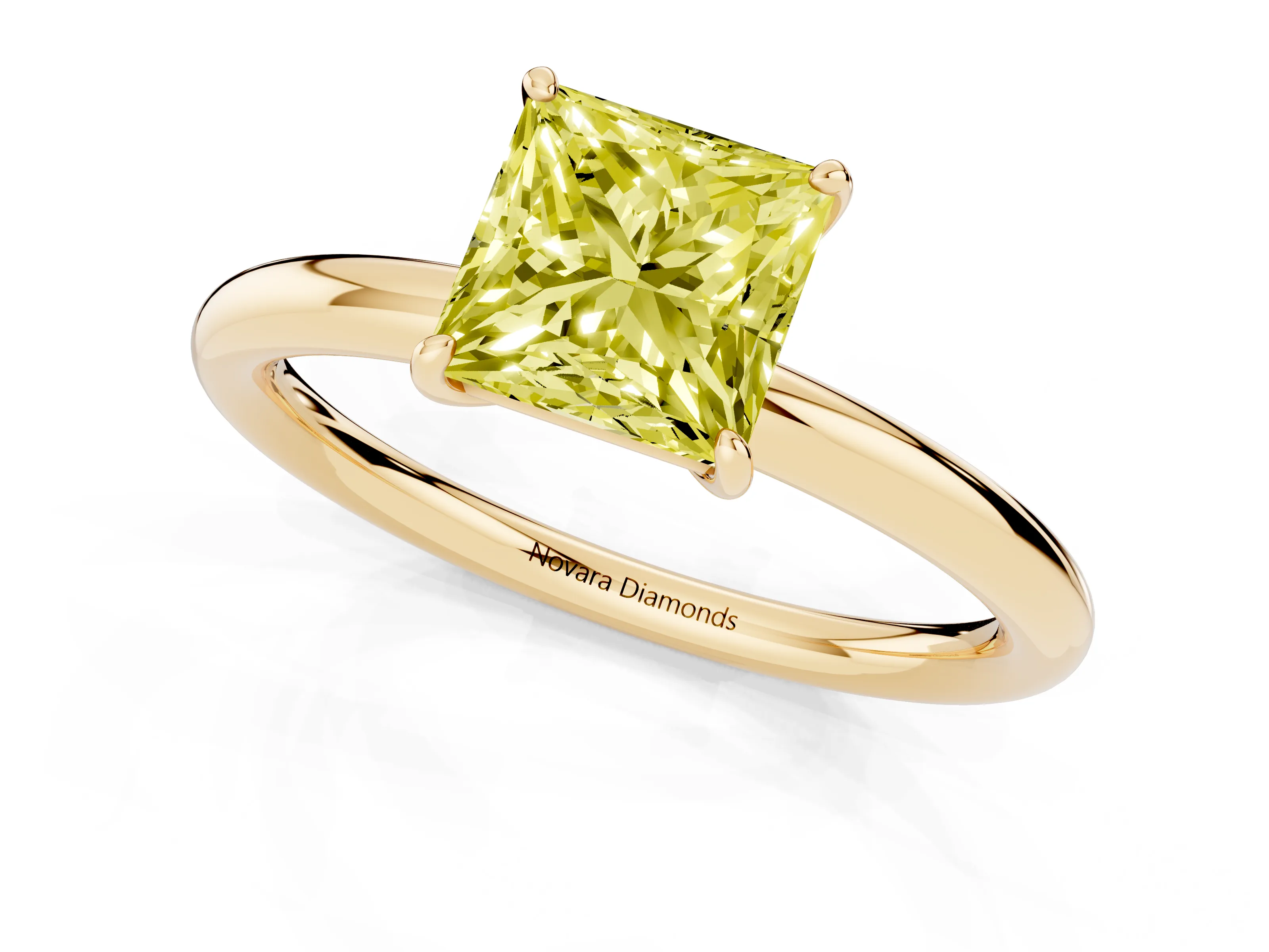Fancy Yellow Princess Cut Diamond Solitaire Ring Set in Yellow gold with Prong Setting on a Polished Plain Band