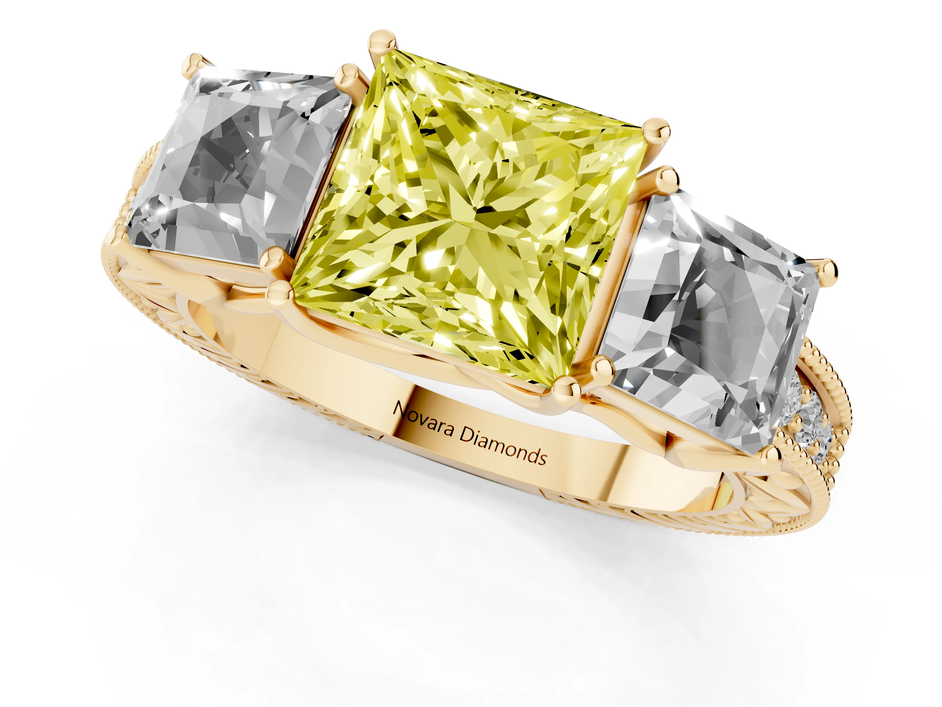Fancy Yellow Princess Cut Diamond Three-Stone Engagement Ring Set in Yellow gold with Milgrain Pavé Band