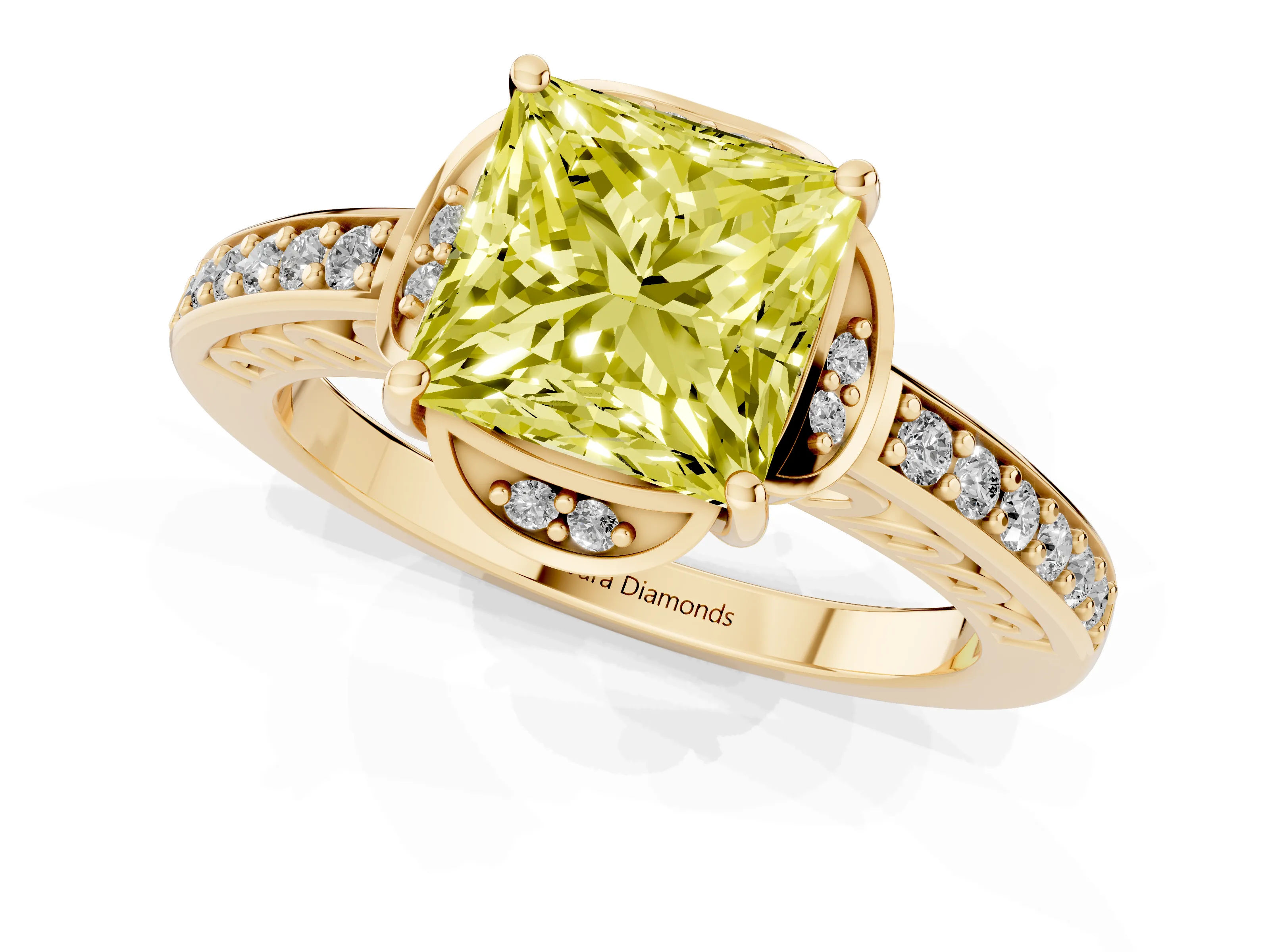Fancy Yellow Princess Cut Diamond Halo Ring Set in Yellow gold with Channel Set Band and Prong Setting