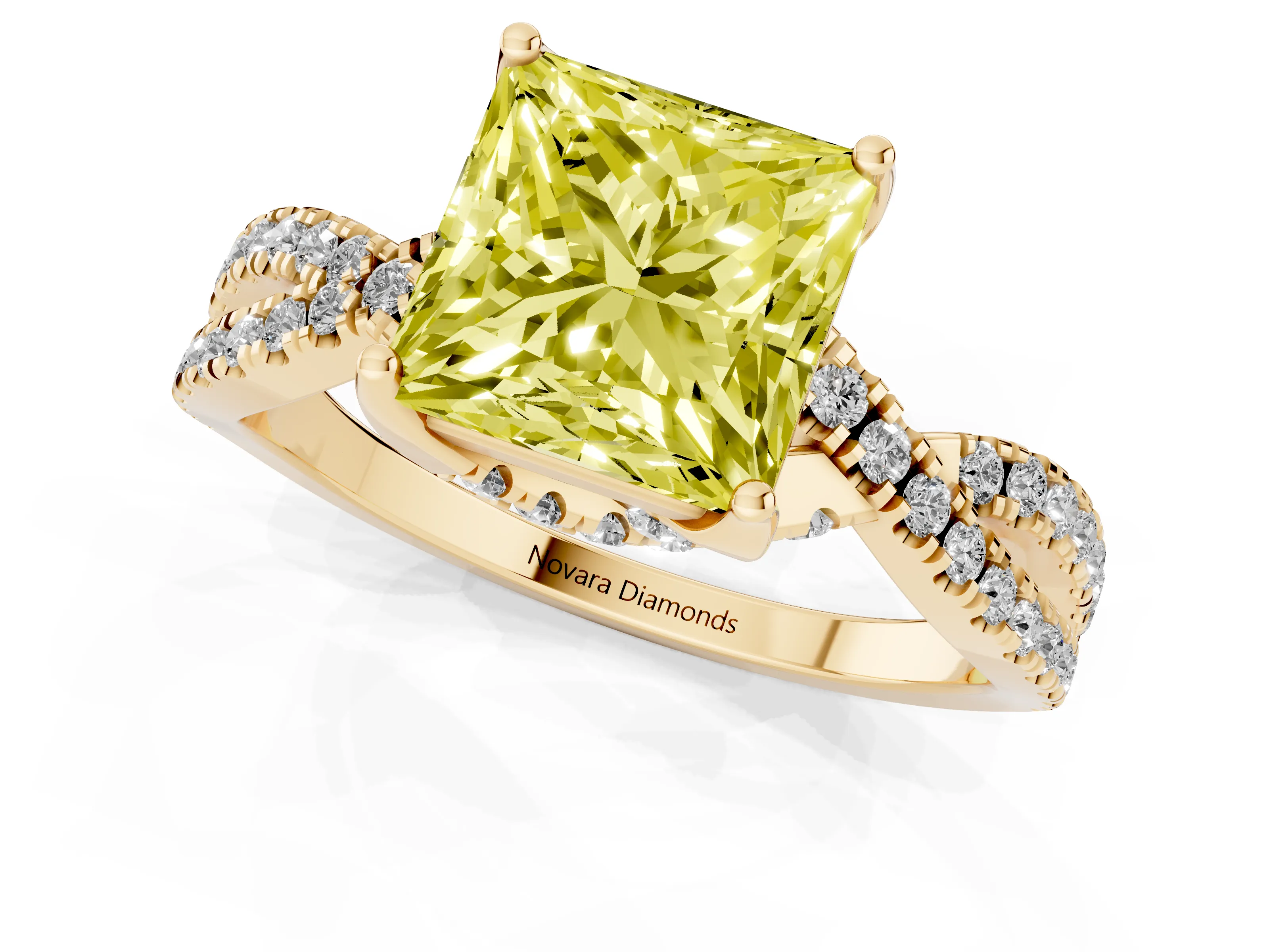 Fancy Yellow Princess Cut Diamond Twist Pavé Solitaire Engagement Ring Set in Yellow gold with Prong Setting