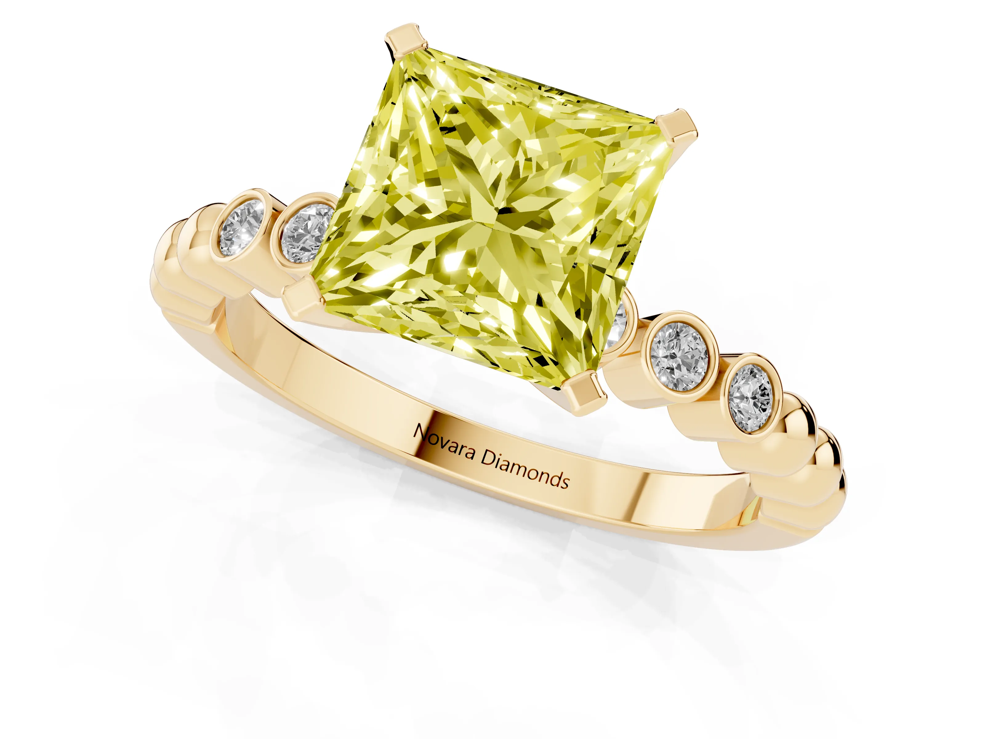 Fancy Yellow Princess Cut Diamond Solitaire Engagement Ring Set in Yellow gold with Bezel Accents on Beaded Band – second view