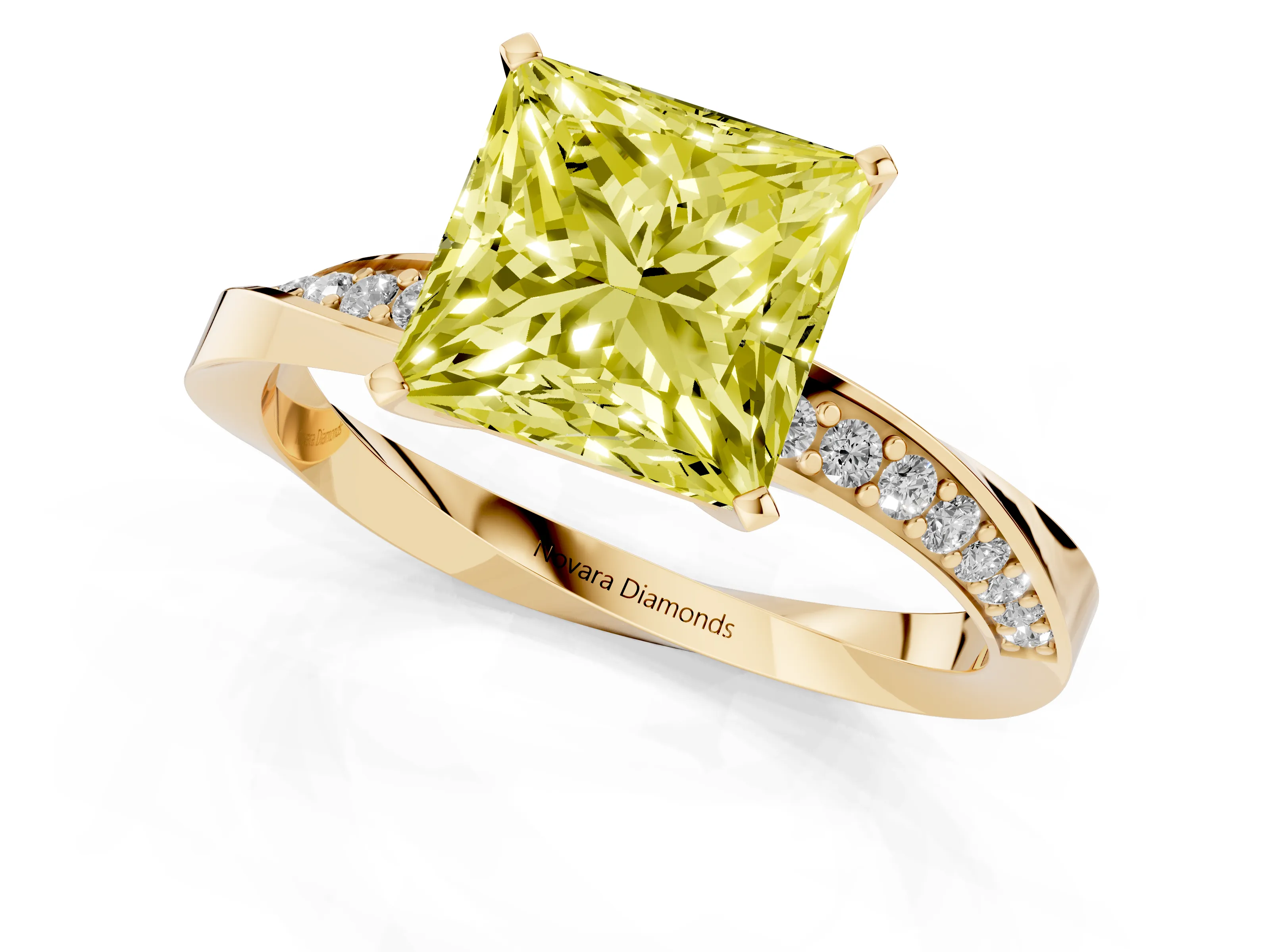 Fancy Yellow Princess Cut Diamond Engagement Ring Set in Yellow gold with Side Stone Accents and Prong Setting