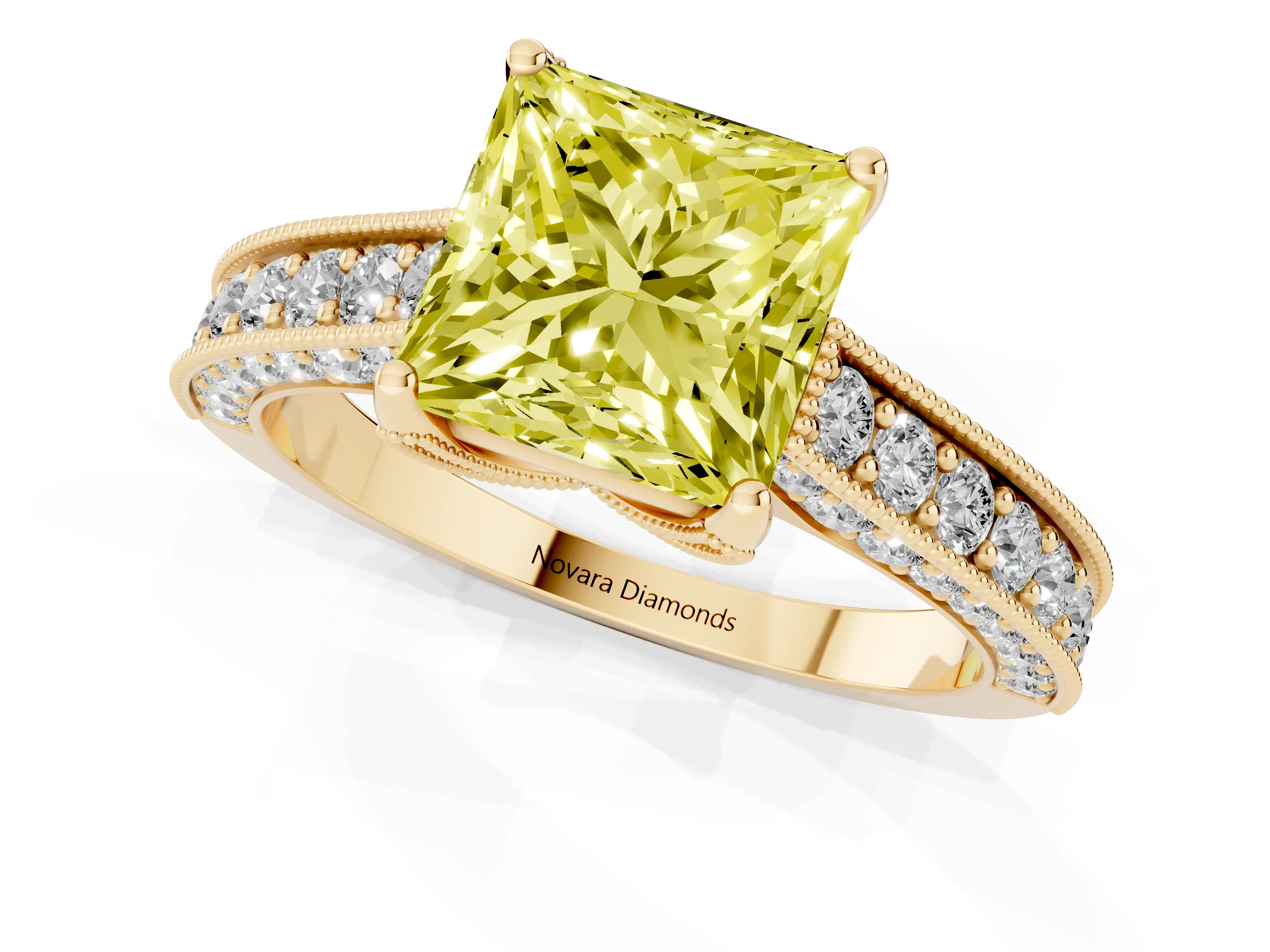 Fancy Yellow Princess Cut Diamond Solitaire Ring Set in Yellow gold with Milgrain-Edged Pavé Band and Prong Setting