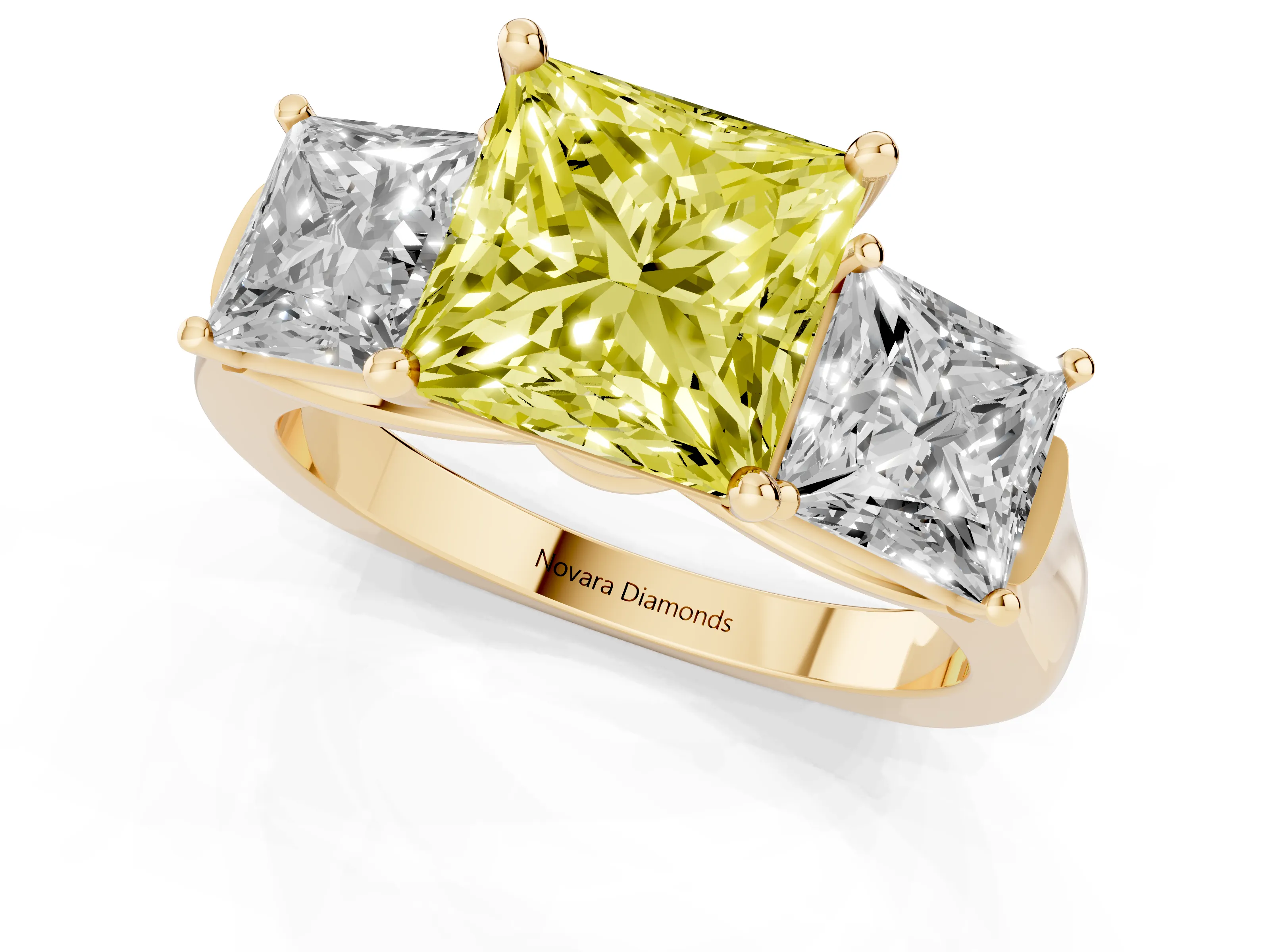 Fancy Yellow Princess Cut Diamond Three-Stone Trellis Ring Set in Yellow gold with Comfort Fit Band