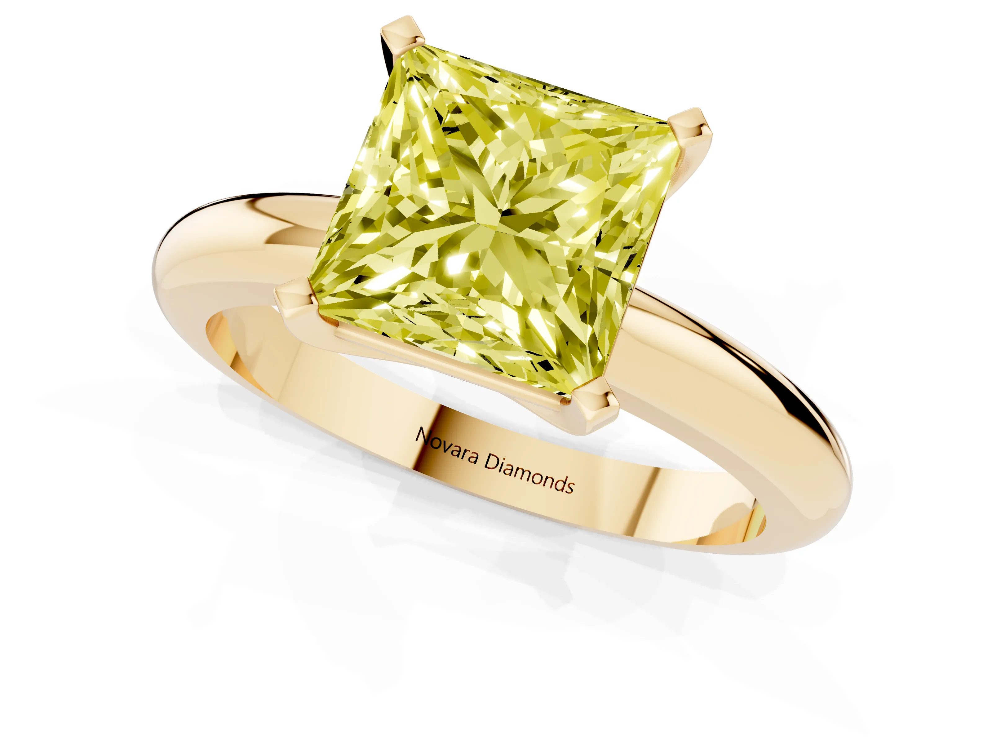 Fancy Yellow Princess Cut Diamond Solitaire Engagement Ring Set in Yellow gold with Round Band and Prong Setting