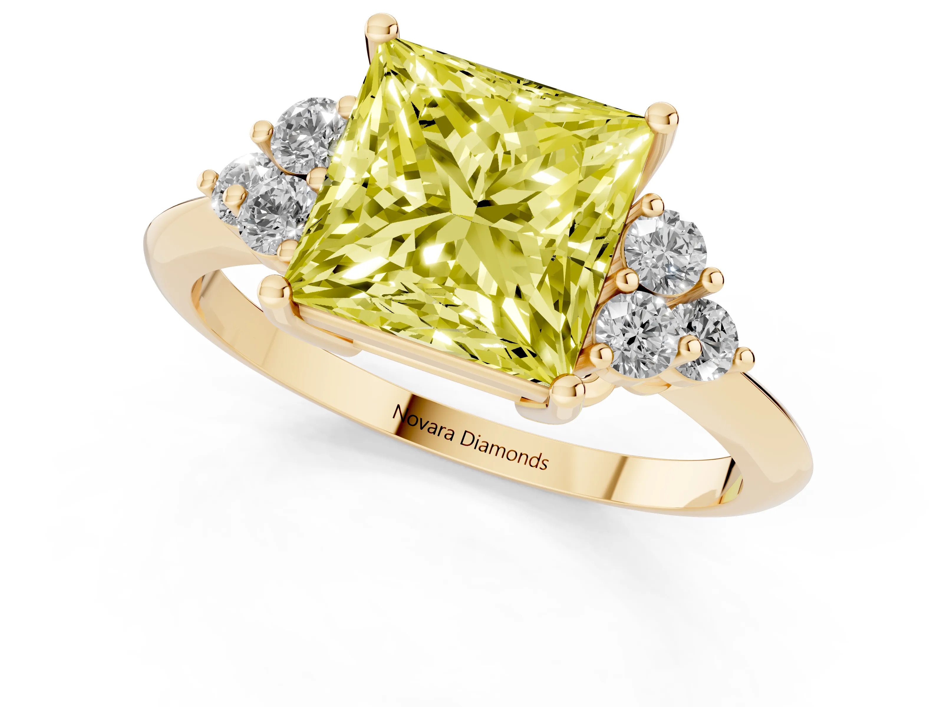 Fancy Yellow Princess Cut Diamond Cluster Ring Set in Yellow gold with Plain Band and Prong Setting