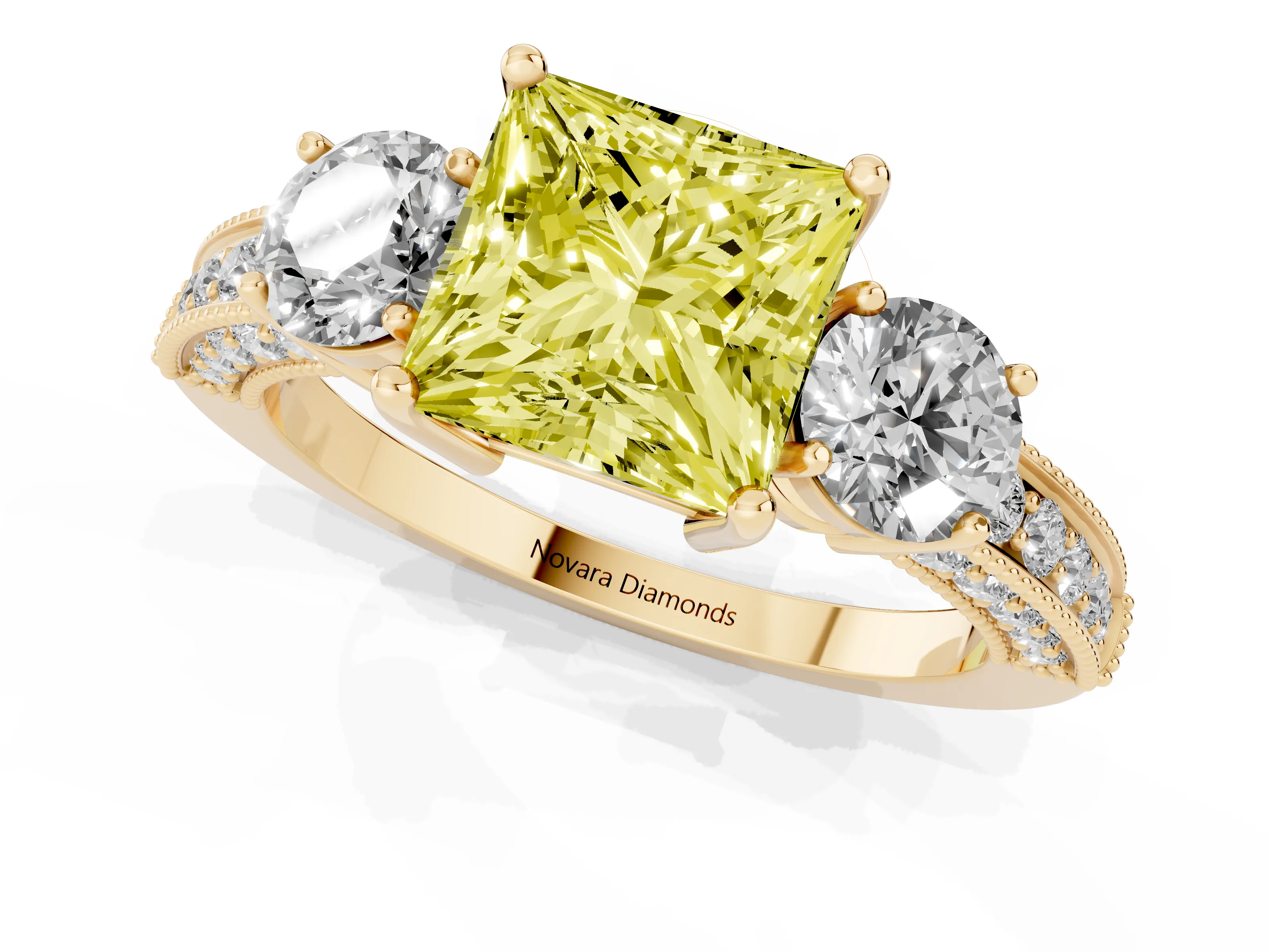 Fancy Yellow Princess Cut Diamond Three-Stone Ring Set in Yellow gold with Round Side Stones and Pavé Band
