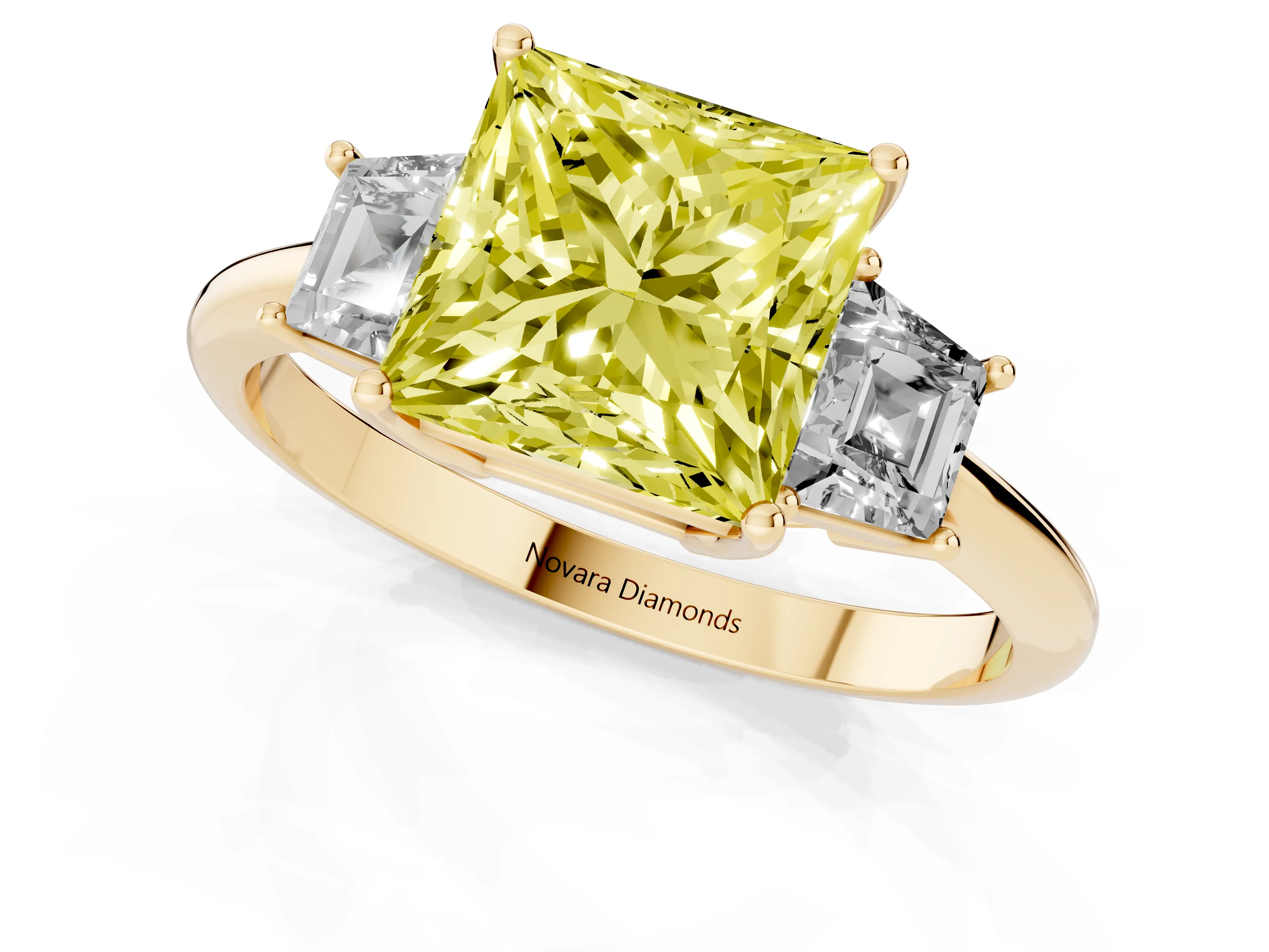 Fancy Yellow Princess Cut Diamond Three-Stone Ring Set in Yellow gold with Trapezoid Side Stones and Prong Setting