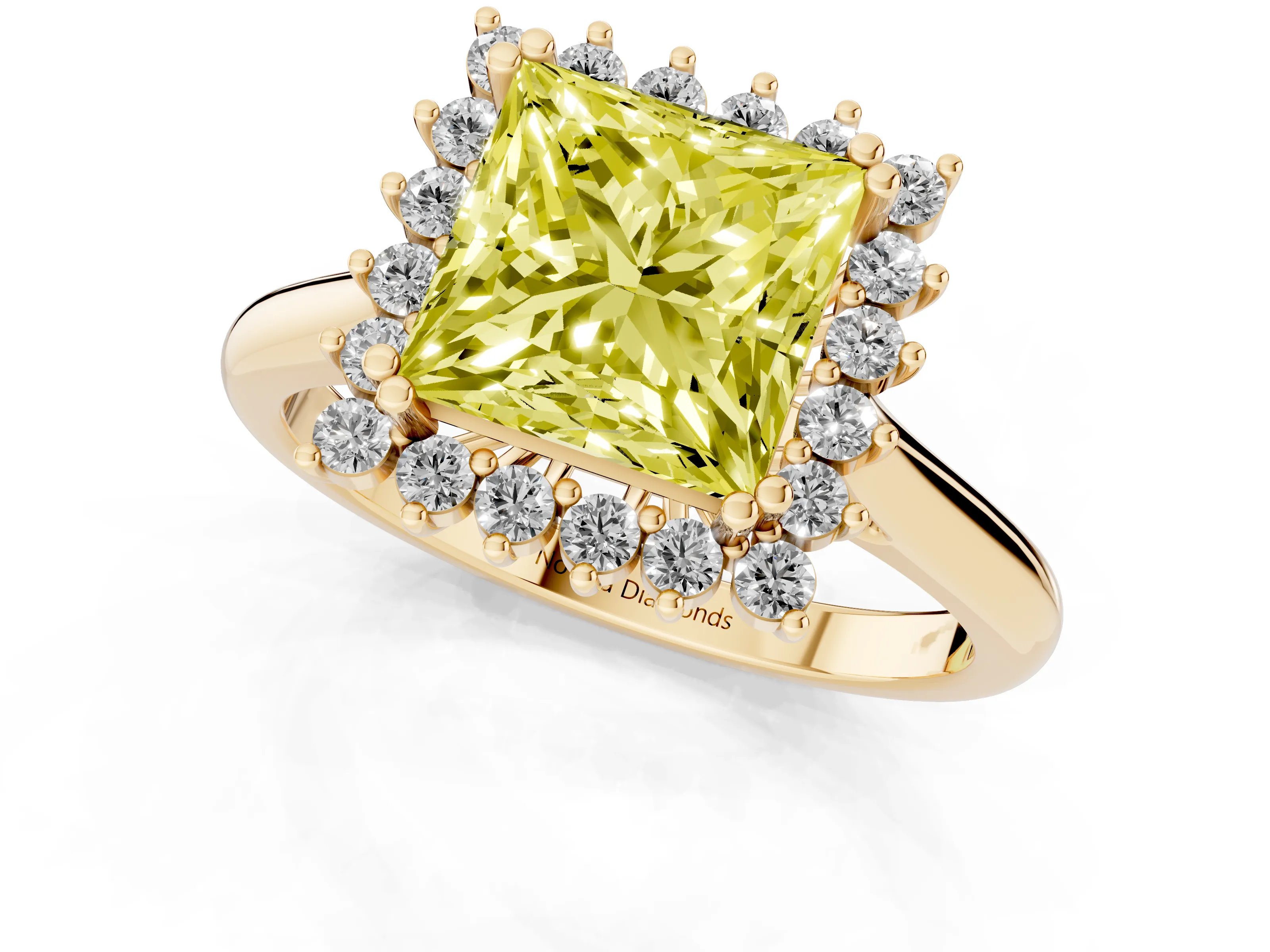 Fancy Yellow Princess Cut Diamond Halo Ring Set in Yellow gold with Plain Solitaire Band and Prong Setting