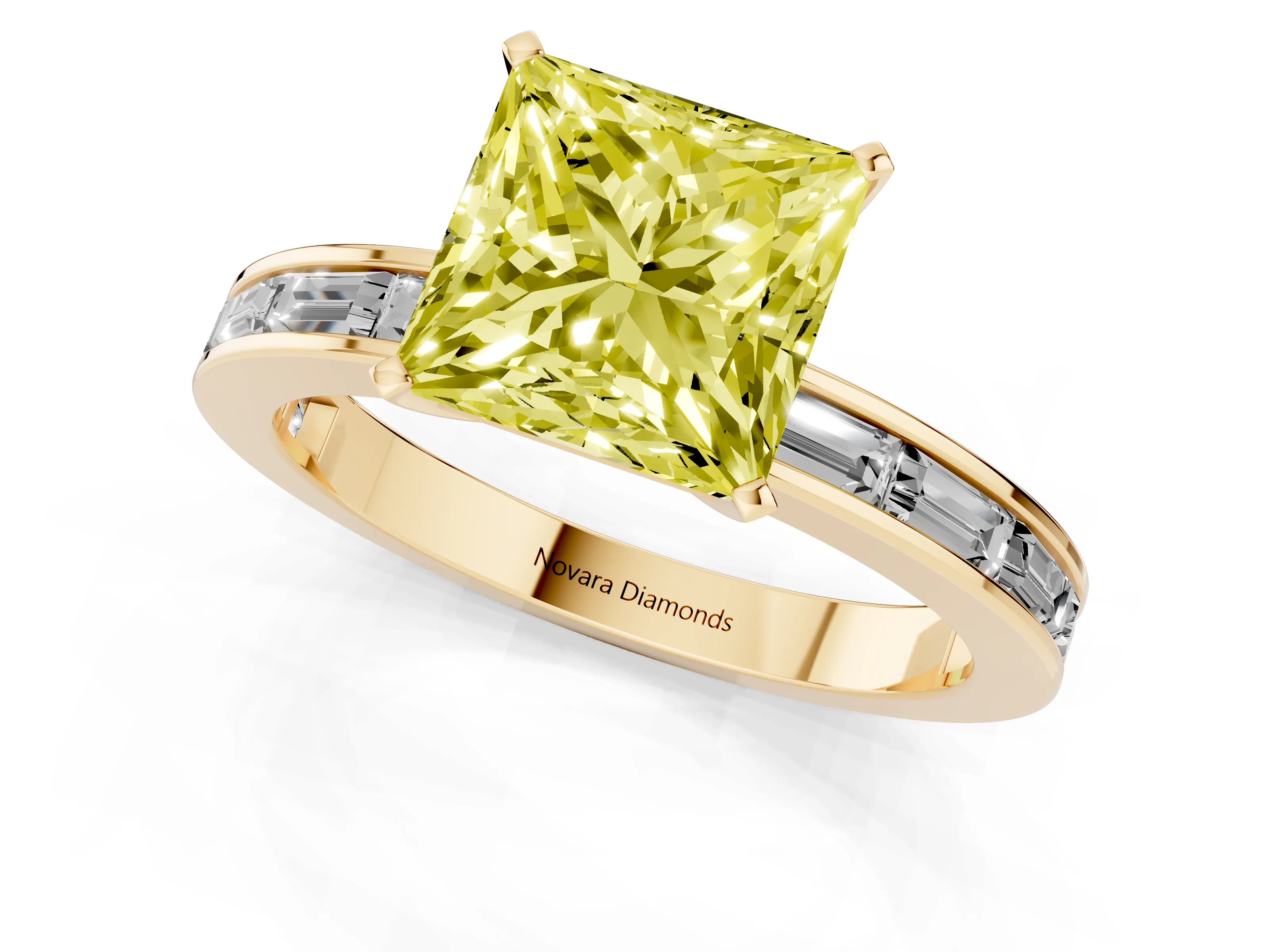 Fancy Yellow Princess Cut Diamond Solitaire Ring Set in Yellow gold with Channel-Set Baguette Band and Prong Setting