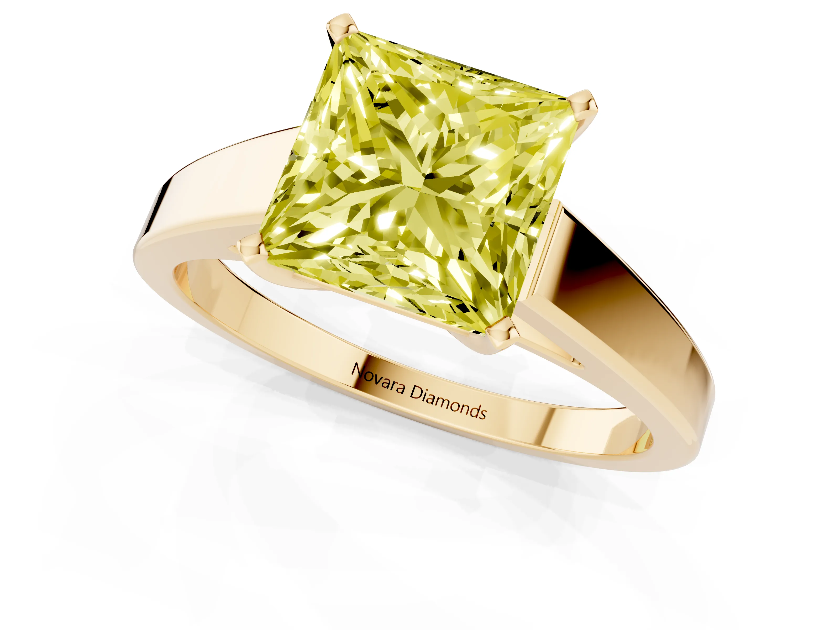 Fancy Yellow Princess Cut Diamond Solitaire Engagement Ring Set in Yellow gold with Prong Setting and Tapered Band