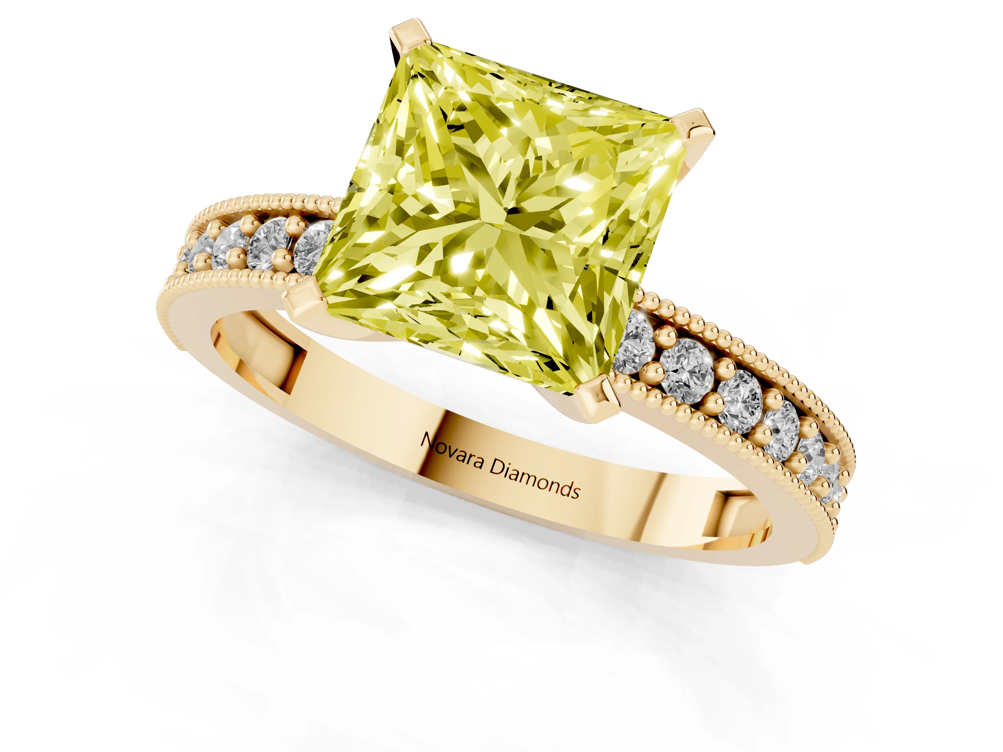 Fancy Yellow Princess Cut Diamond Milgrain Pavé Engagement Ring Set in Yellow gold with Prong Setting