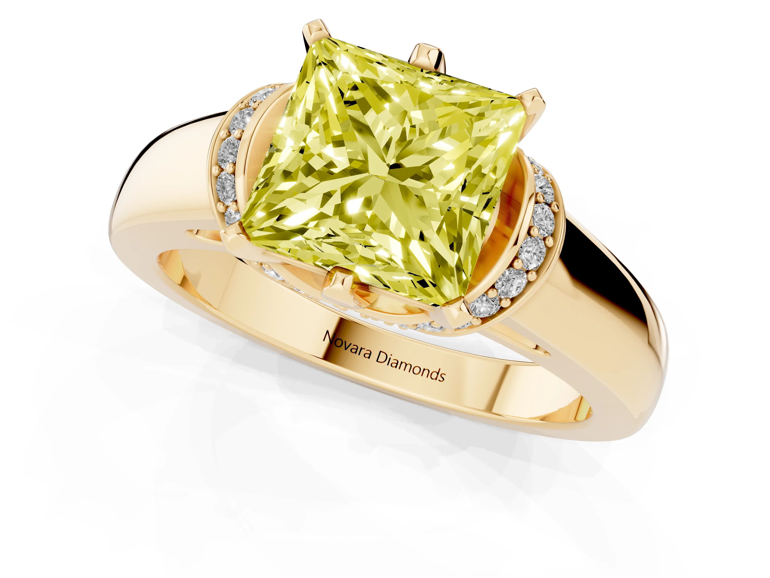 Fancy Yellow Princess Cut Diamond Pavé Band Solitaire Ring Set in Yellow gold with Prong Setting