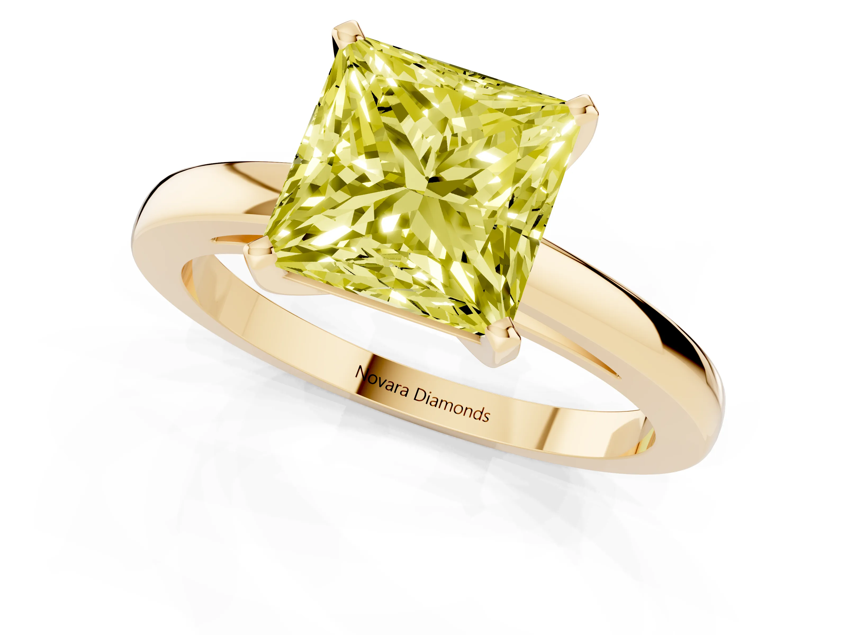 Fancy Yellow Princess Cut Diamond Solitaire Engagement Ring Set in Yellow gold with Prong Setting on a Classic Band