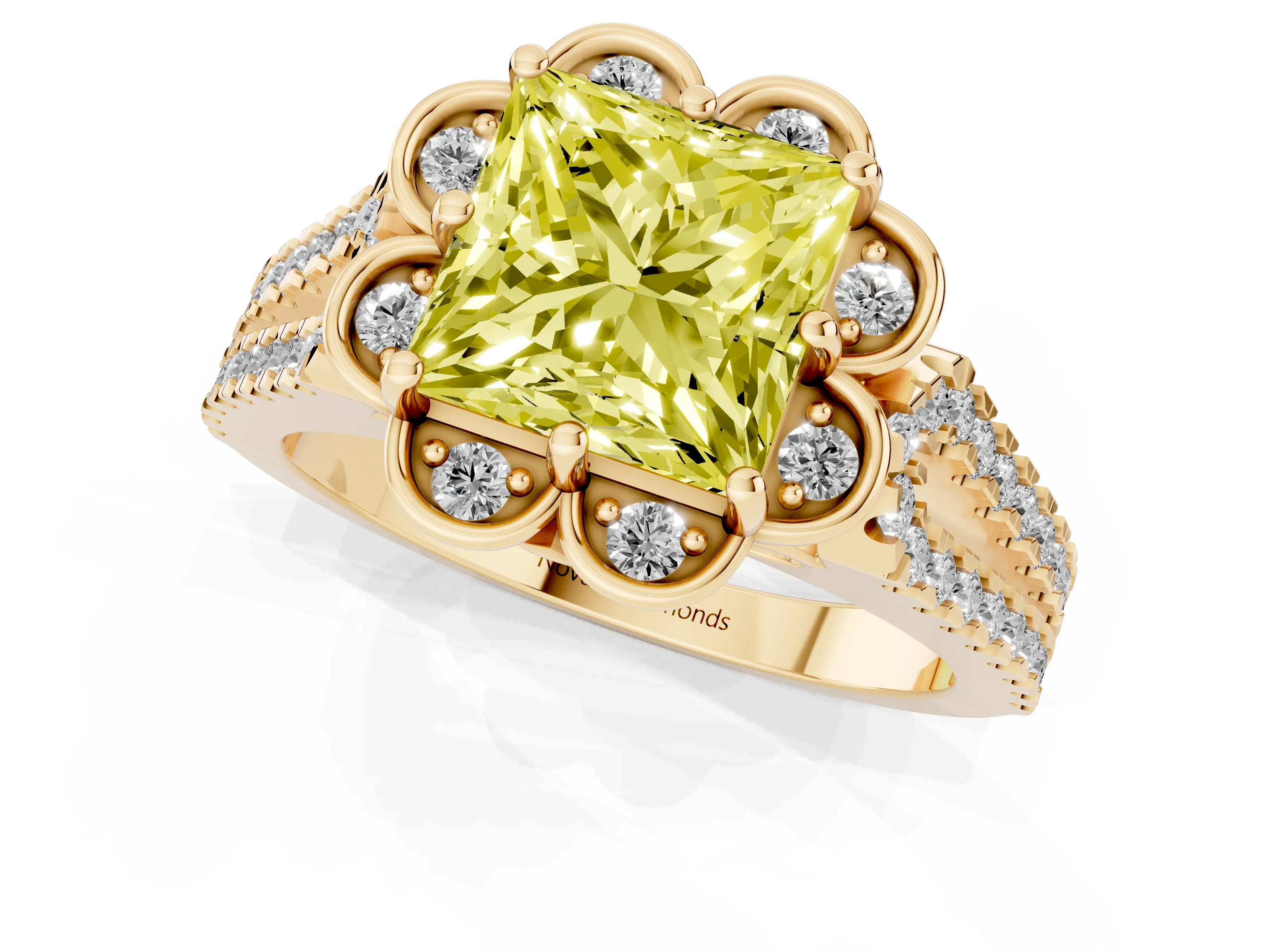 Fancy Yellow Princess Cut Diamond Floral Halo Split Shank Engagement Ring Set in Yellow gold with Pavé Shank