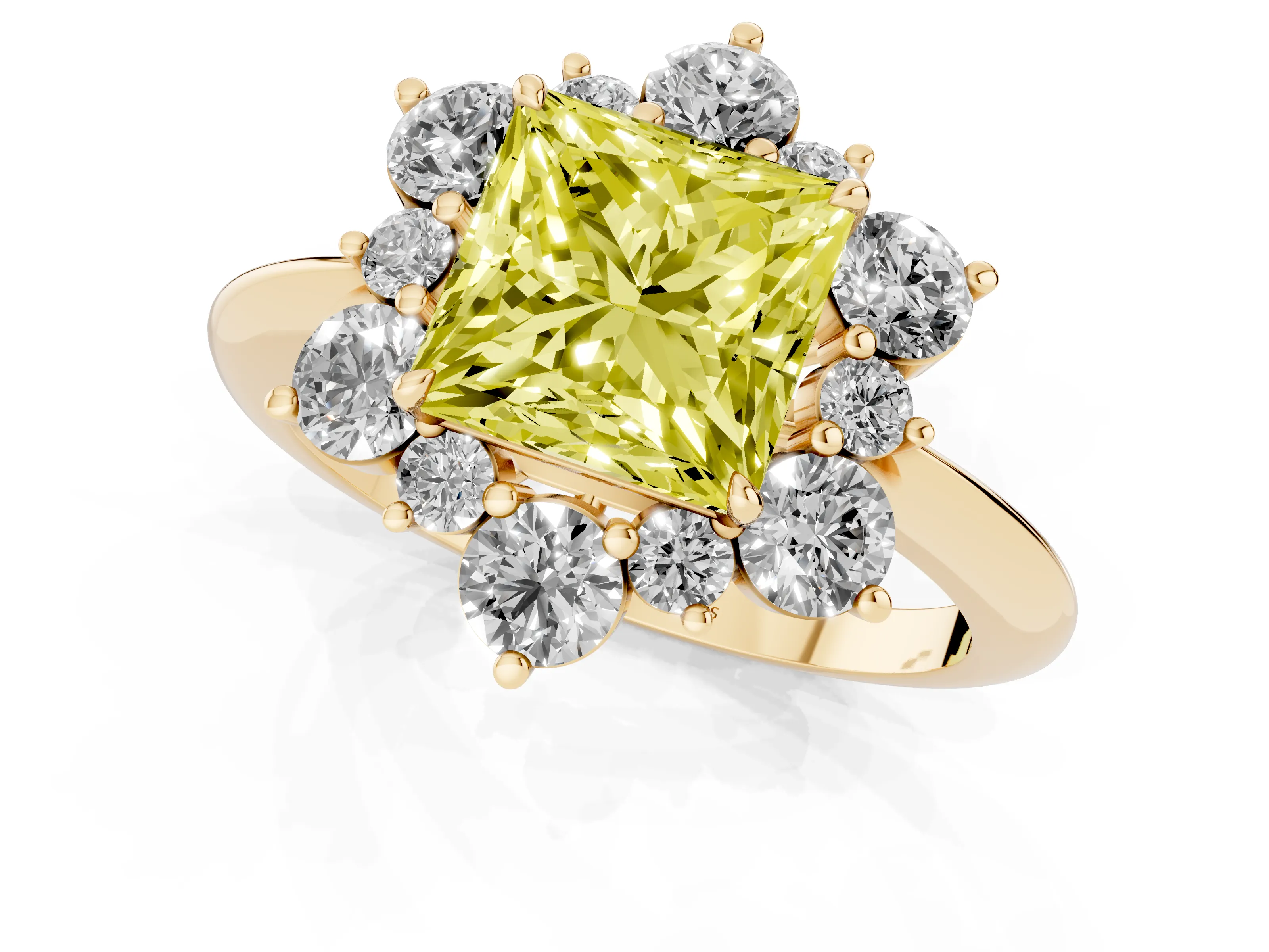 Fancy Yellow Princess Cut Diamond Cluster Halo Ring Set in Yellow gold with Solitaire Band and Prong Setting