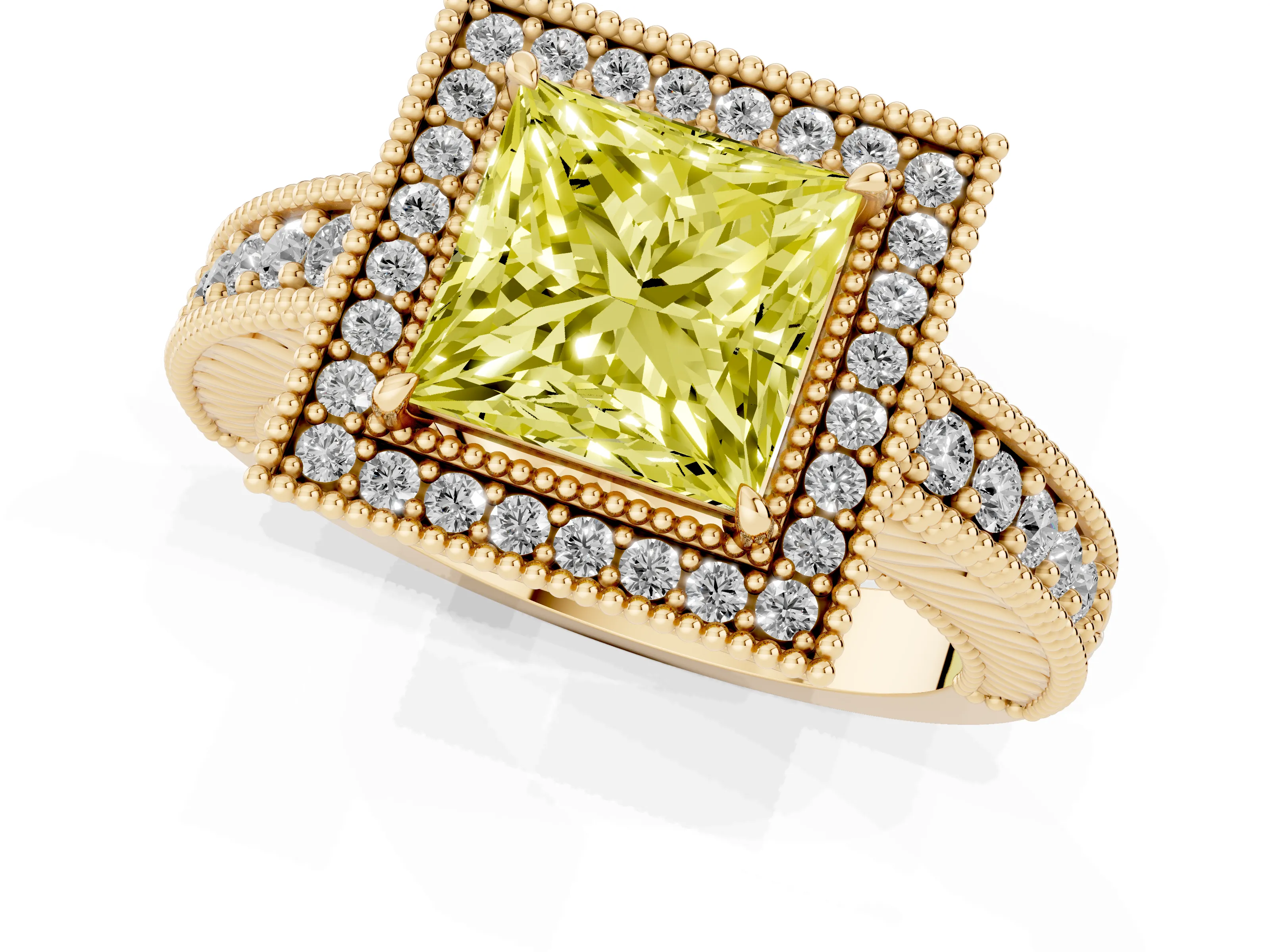 Fancy Yellow Princess Cut Diamond Halo Ring Set in Yellow gold with Round Accent Halo, Pavé Band and Prong Setting