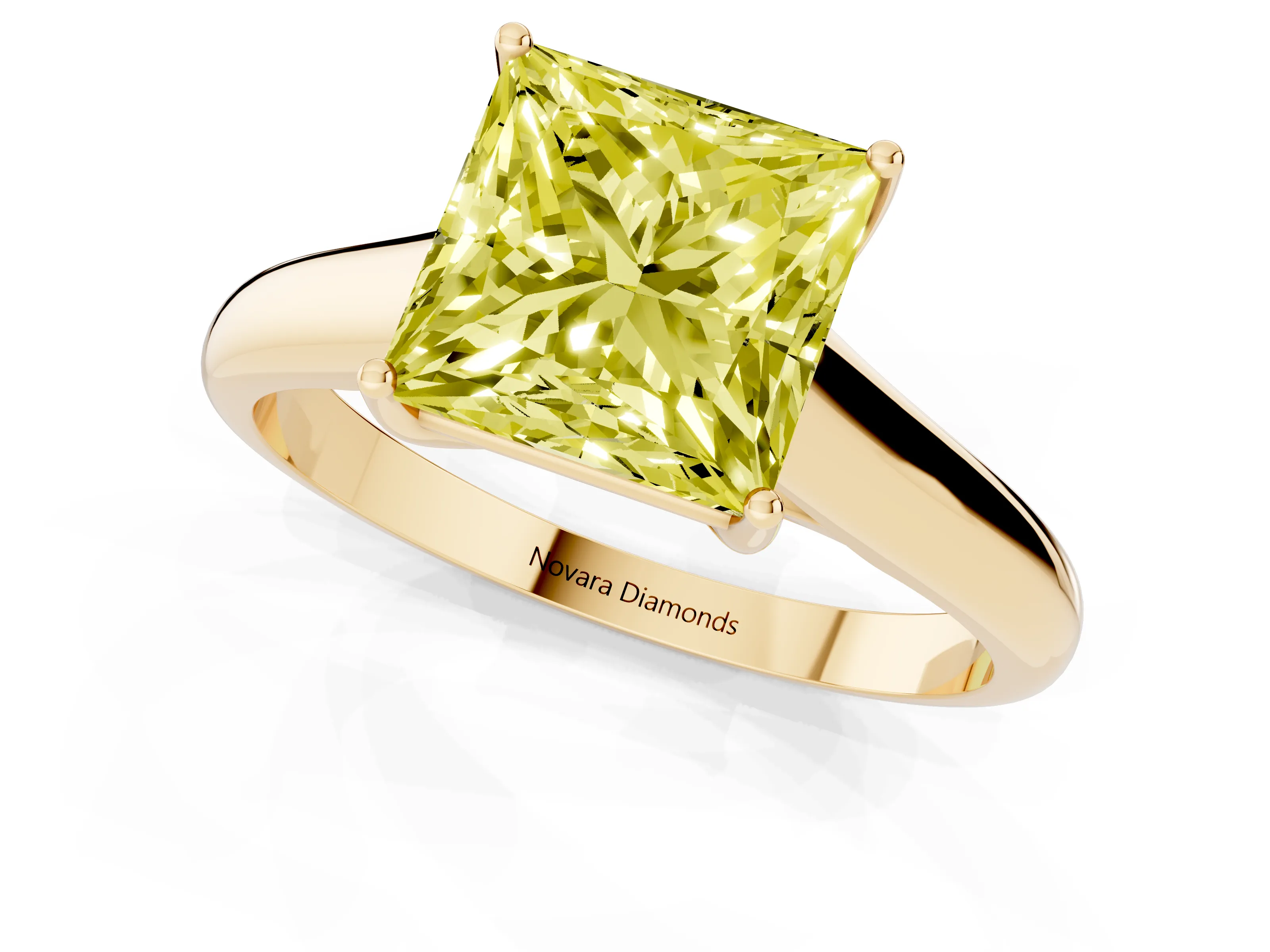 Fancy Yellow Princess Cut Diamond Solitaire Engagement Ring Set in Yellow gold with Subtly Tapered Band and Prong Setting